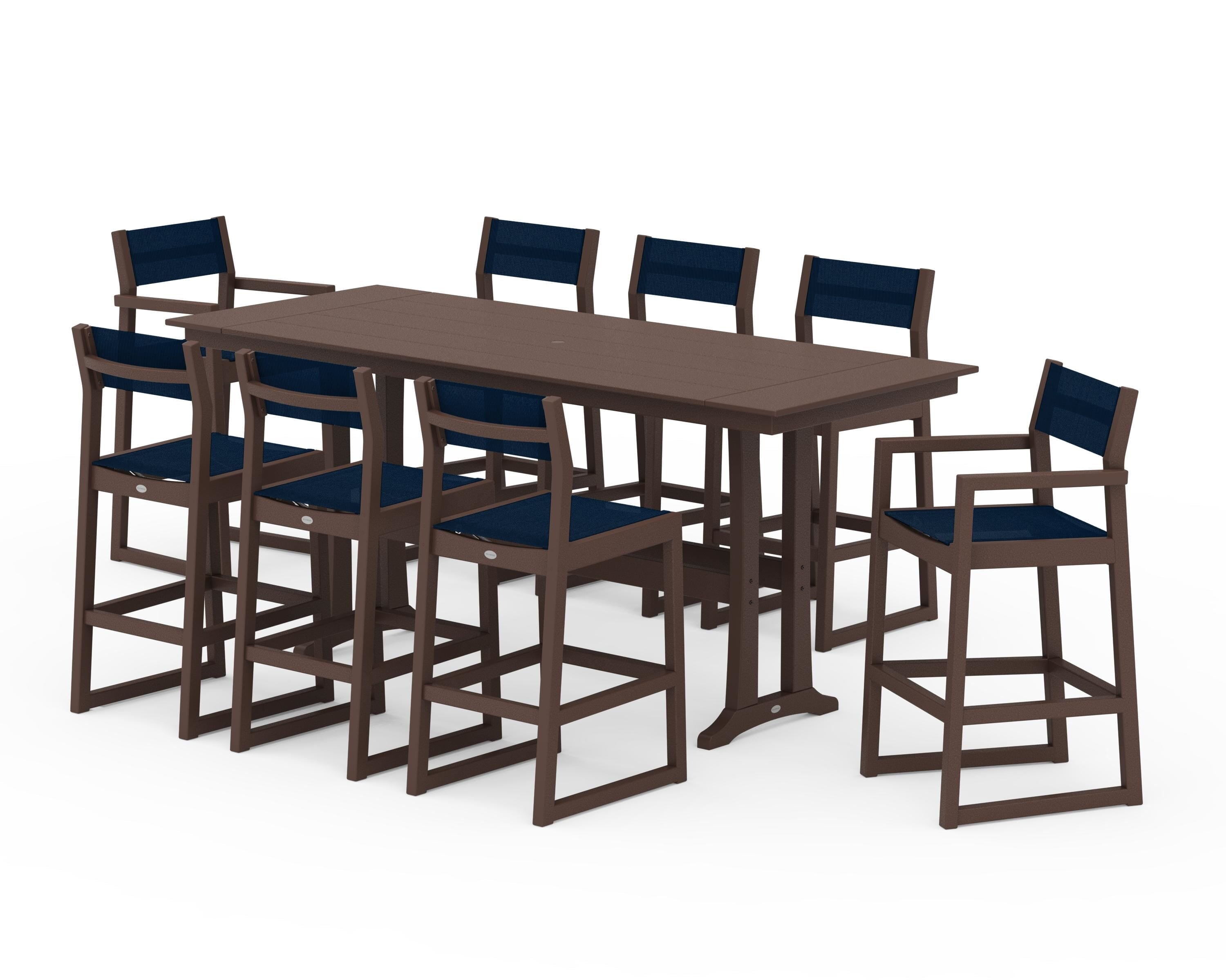 POLYWOOD® EDGE Sling 9-Piece Farmhouse Bar Set with Trestle Legs in Mahogany / Navy Blue Sling