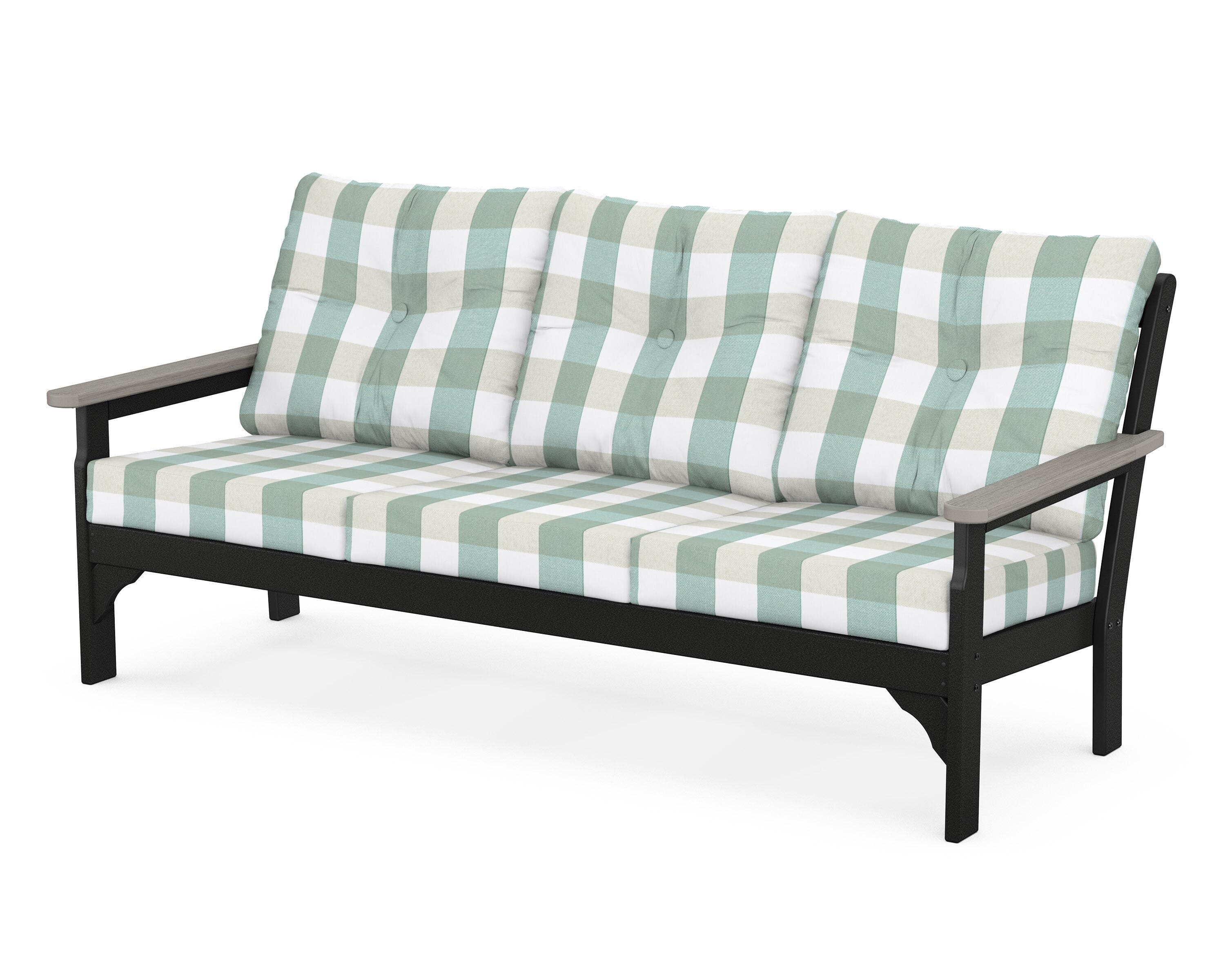 POLYWOOD® Vineyard Deep Seating Sofa in Black / Driftwood / Buffalo Plaid Glacier Spa