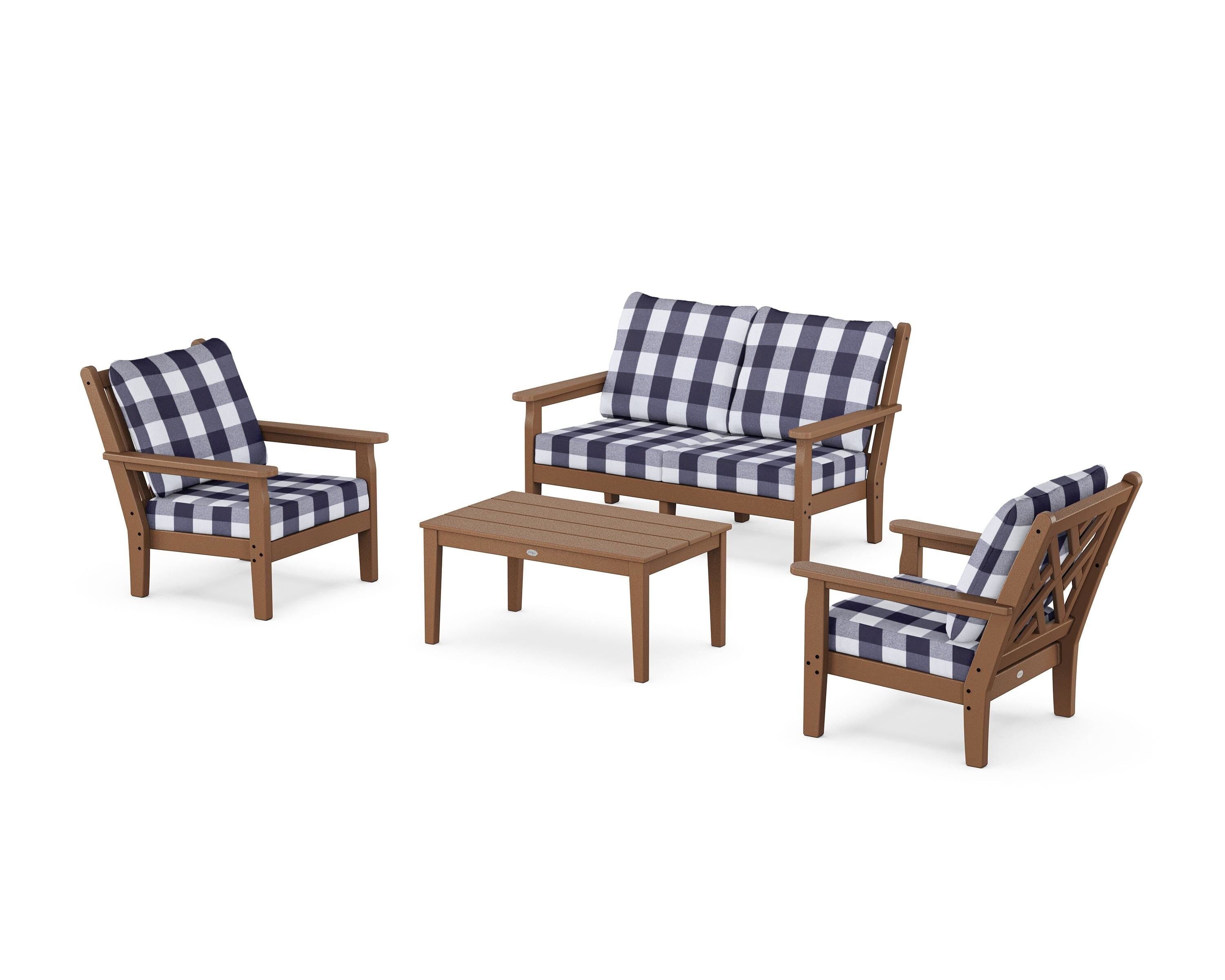 POLYWOOD® Chippendale 4-Piece Deep Seating Set with Loveseat in Teak / Buffalo Plaid Navy
