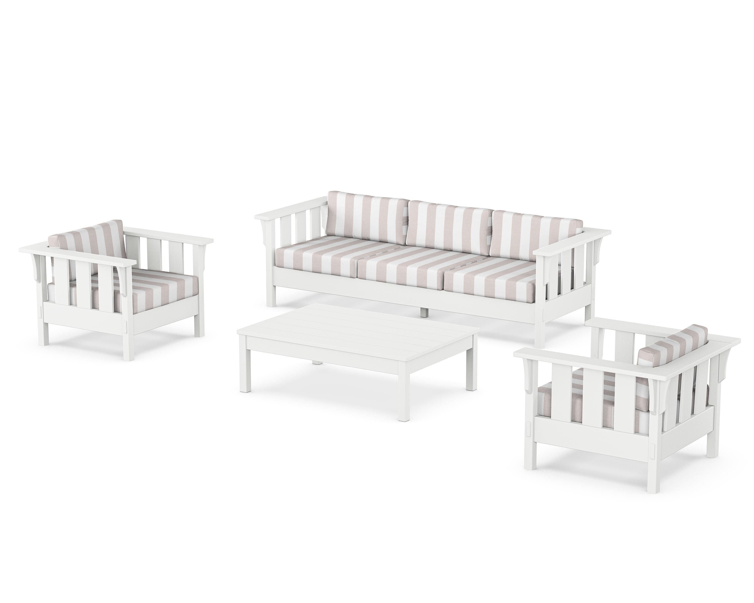 Martha Stewart by POLYWOOD® Acadia 4-Piece Deep Seating Set with Sofa in White / Cabana Stripe Dune Burlap