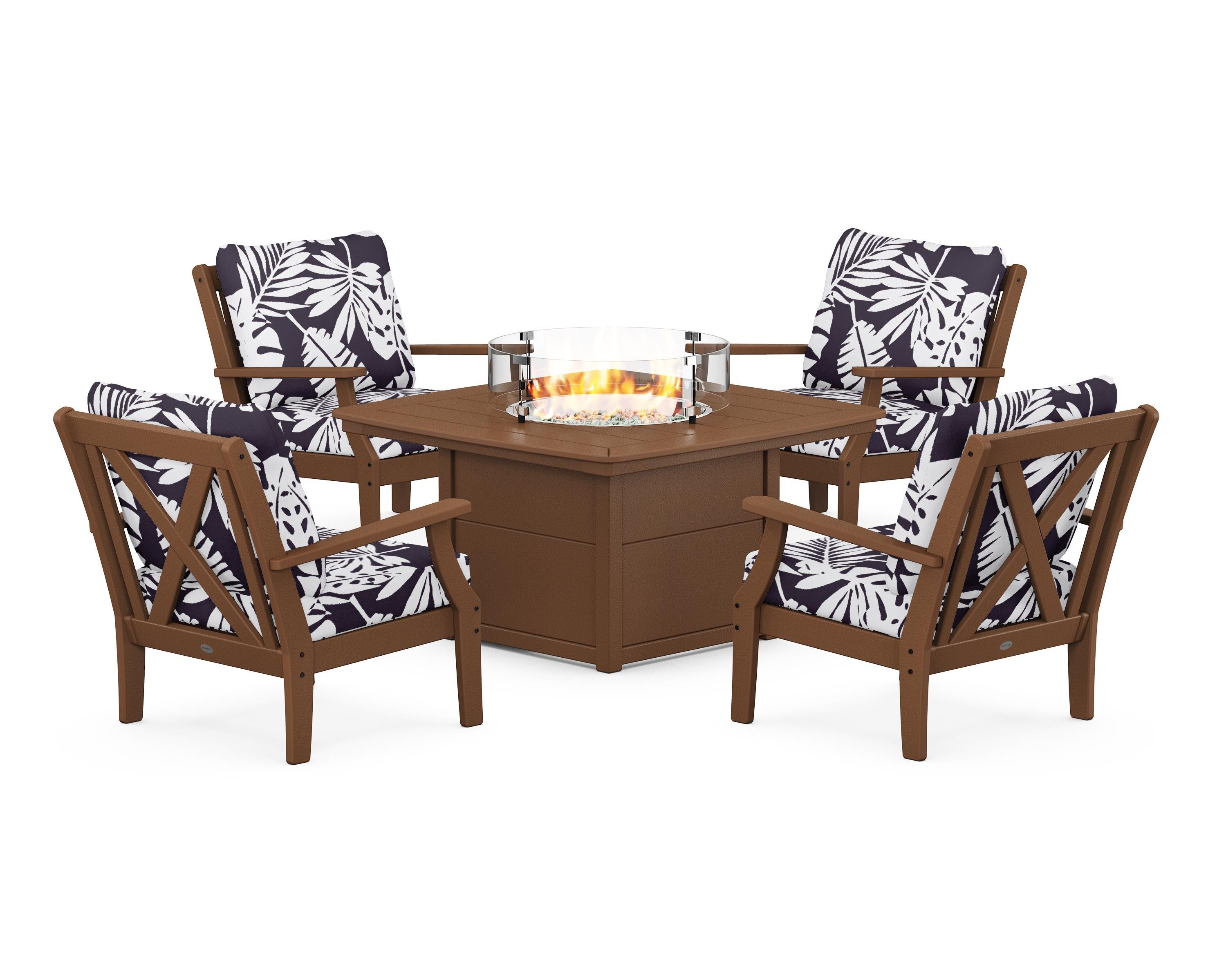 POLYWOOD® Braxton 5-Piece Deep Seating Conversation Set with Fire Pit Table in Teak / Leaf Navy