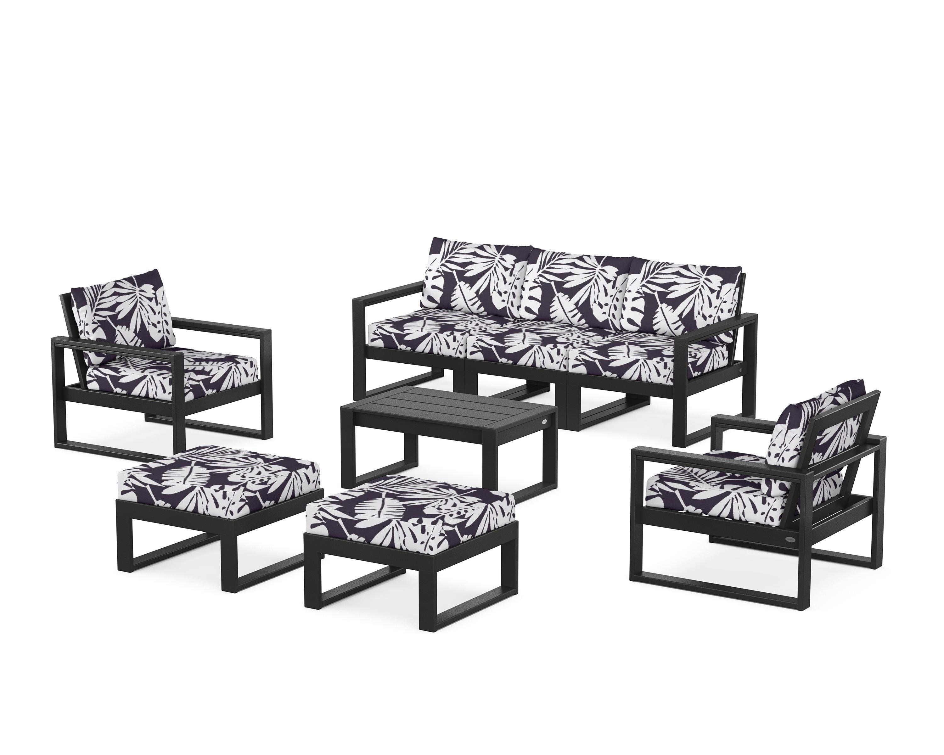 POLYWOOD® EDGE Sectional 8-Piece Lounge Sofa Set in Black / Leaf Navy