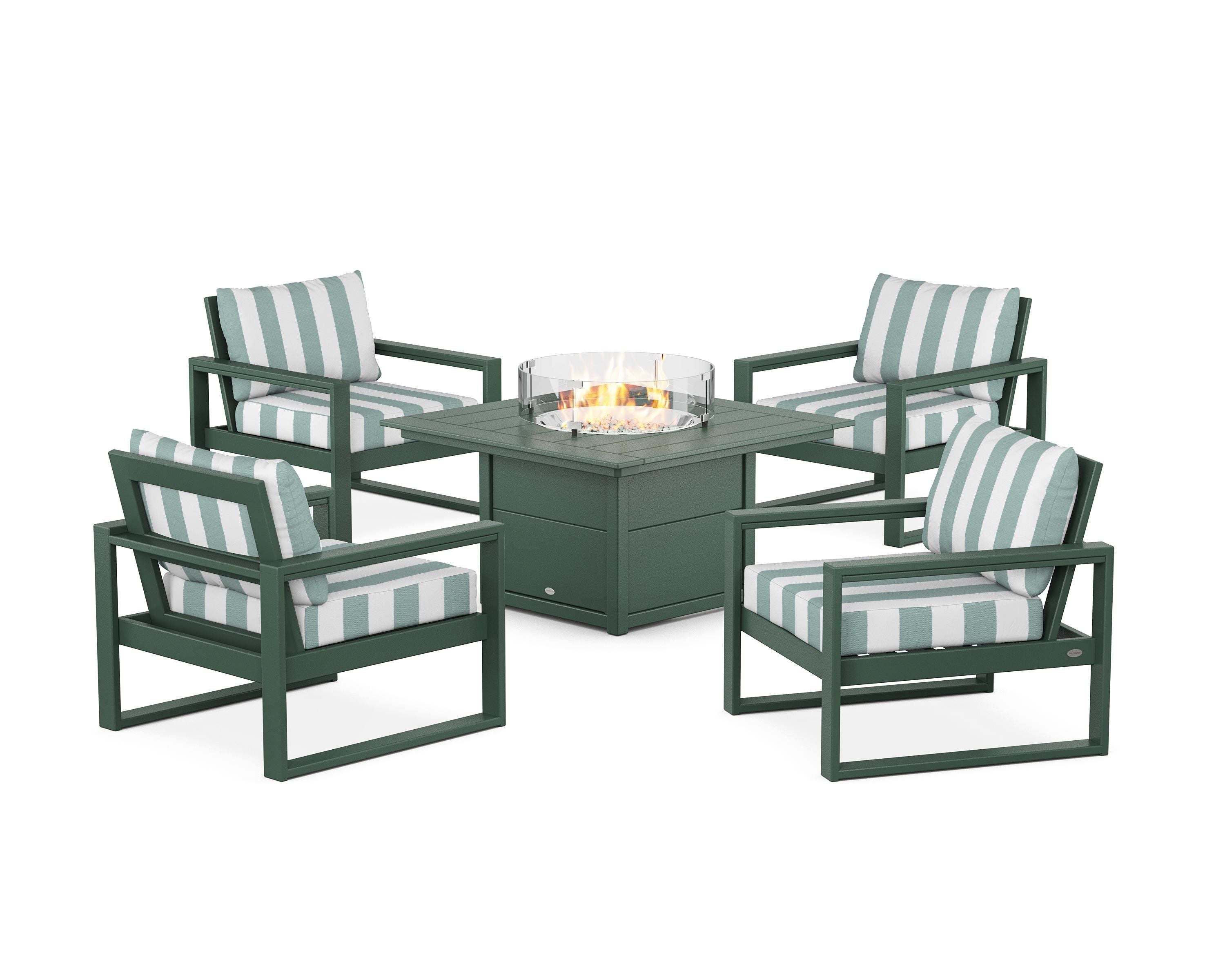 POLYWOOD® EDGE Sectional 5-Piece Deep Seating Set with Fire Pit Table in Green / Cabana Stripe Glacier Spa