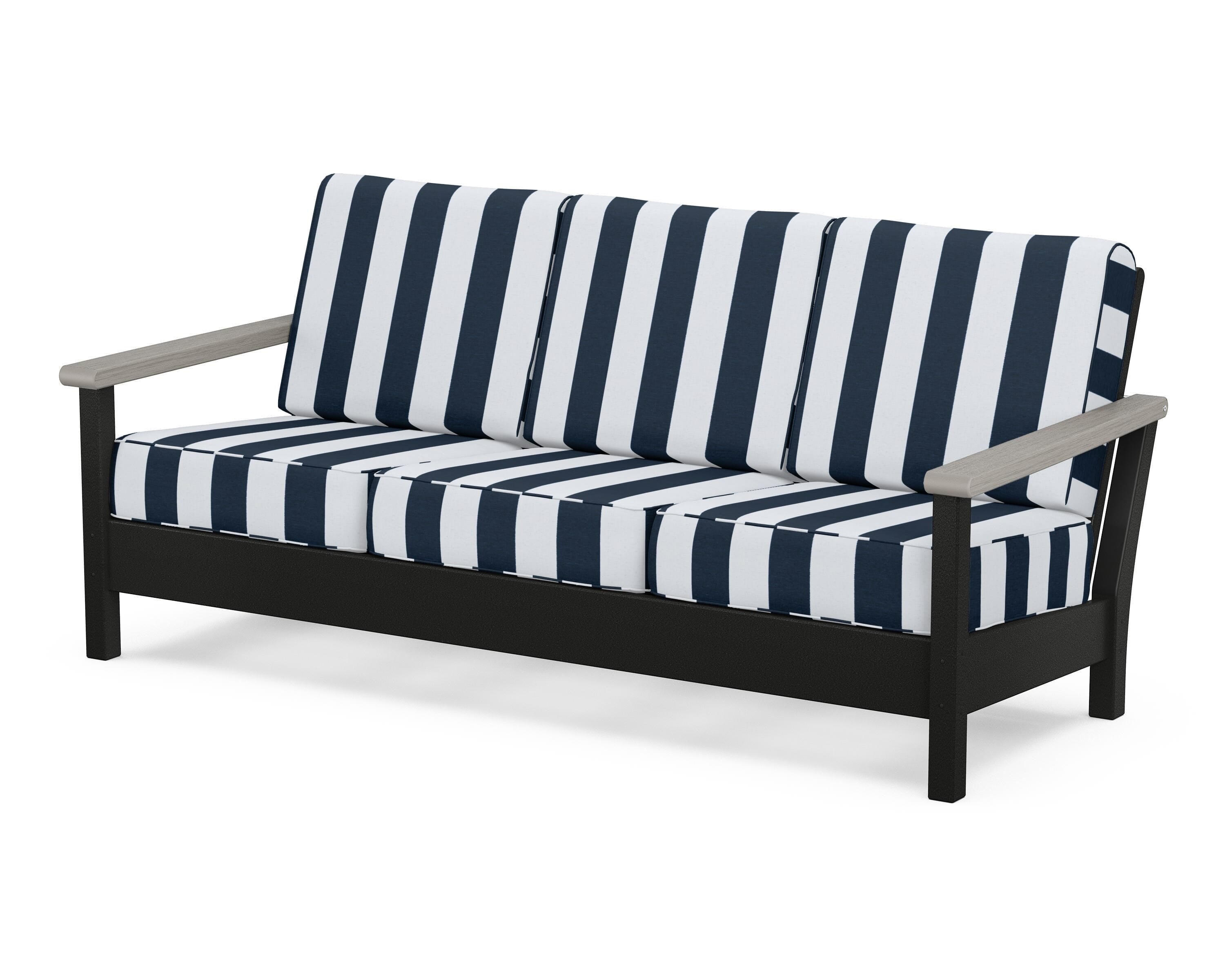 POLYWOOD® Harbour Deep Seating Sofa in Black / Driftwood / Cabana Stripe Marine Indigo
