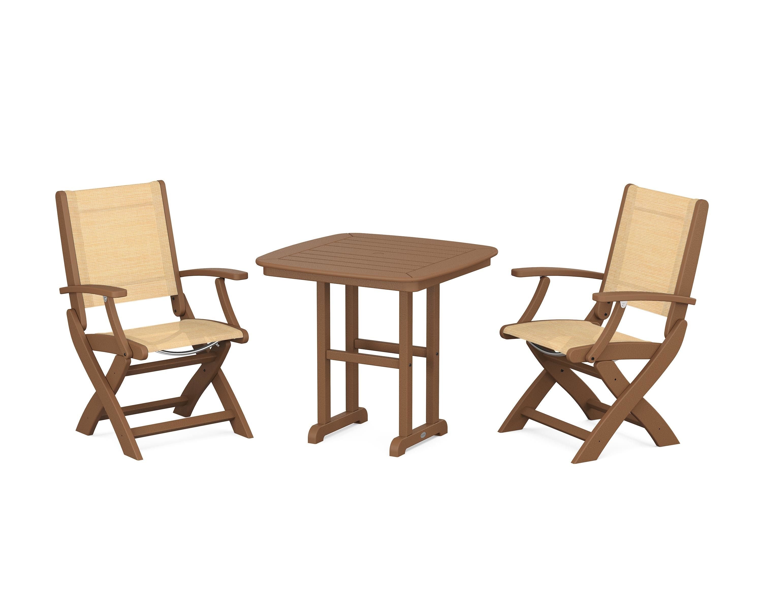 POLYWOOD® Coastal Folding Chair 3-Piece Dining Set in Teak / Dupioni Apricot Sling