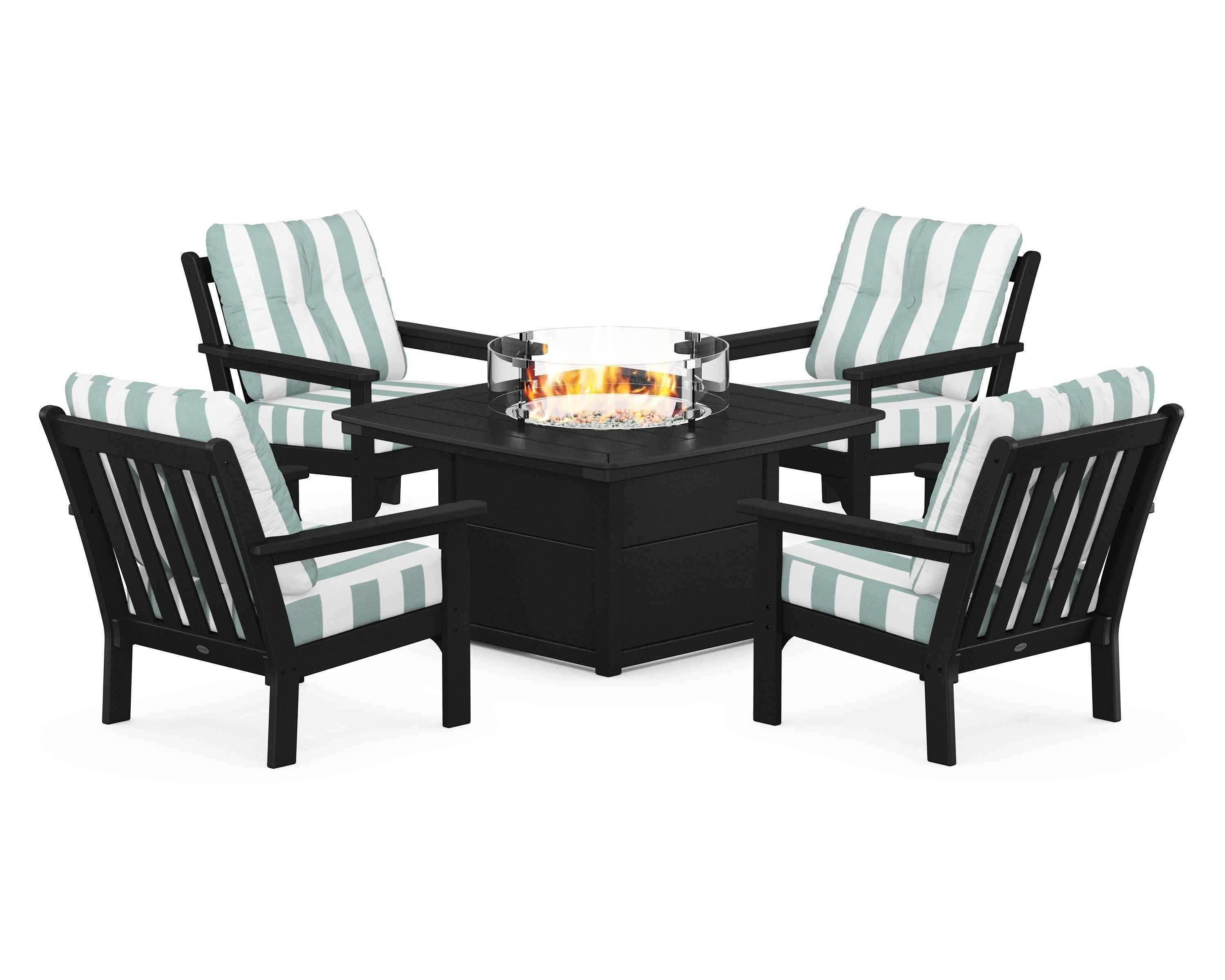 POLYWOOD® Vineyard 5-Piece Conversation Set with Fire Pit Table in Black / Cabana Stripe Glacier Spa