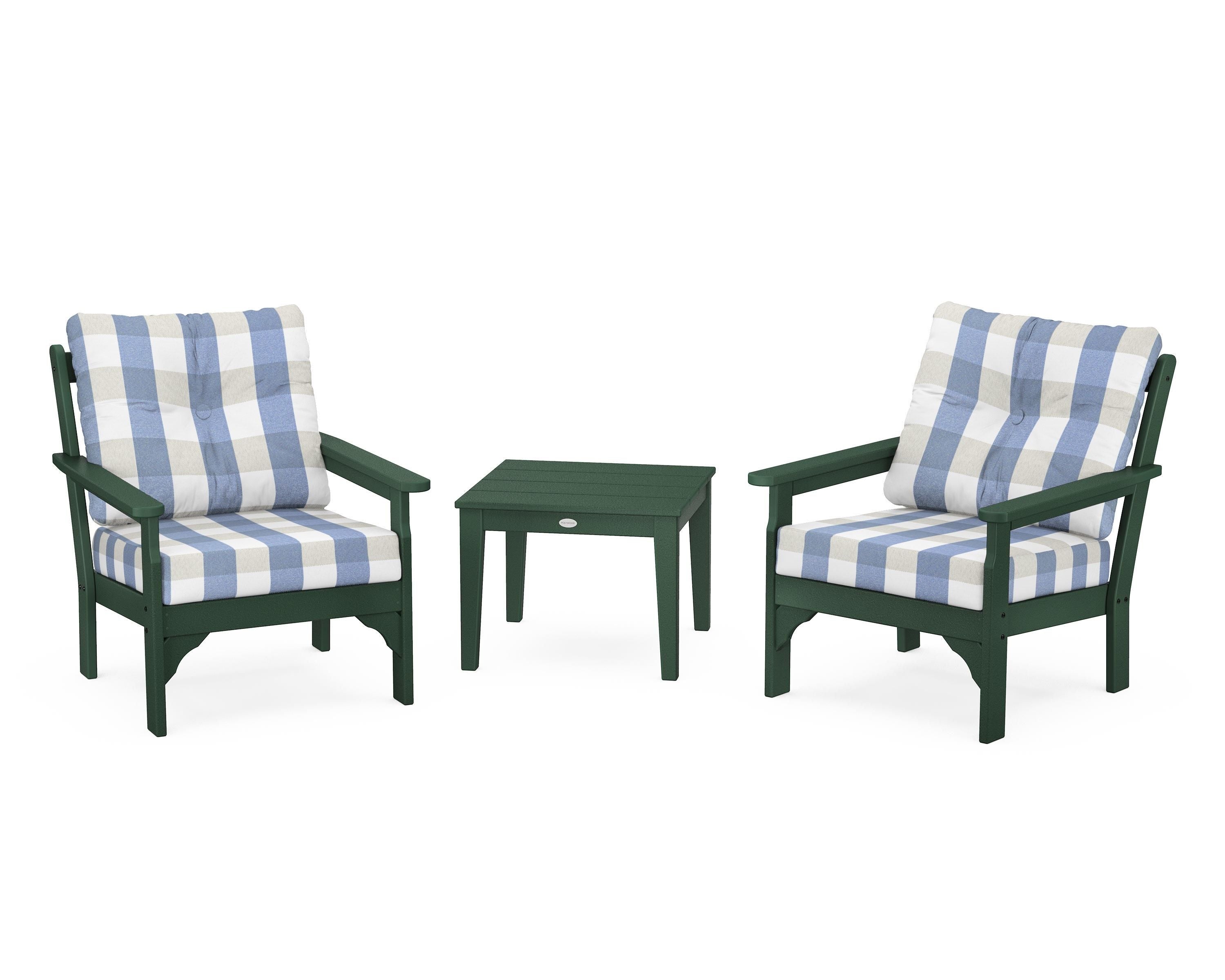 POLYWOOD® Vineyard 3-Piece Deep Seating Set in Green / Buffalo Plaid Sky Blue