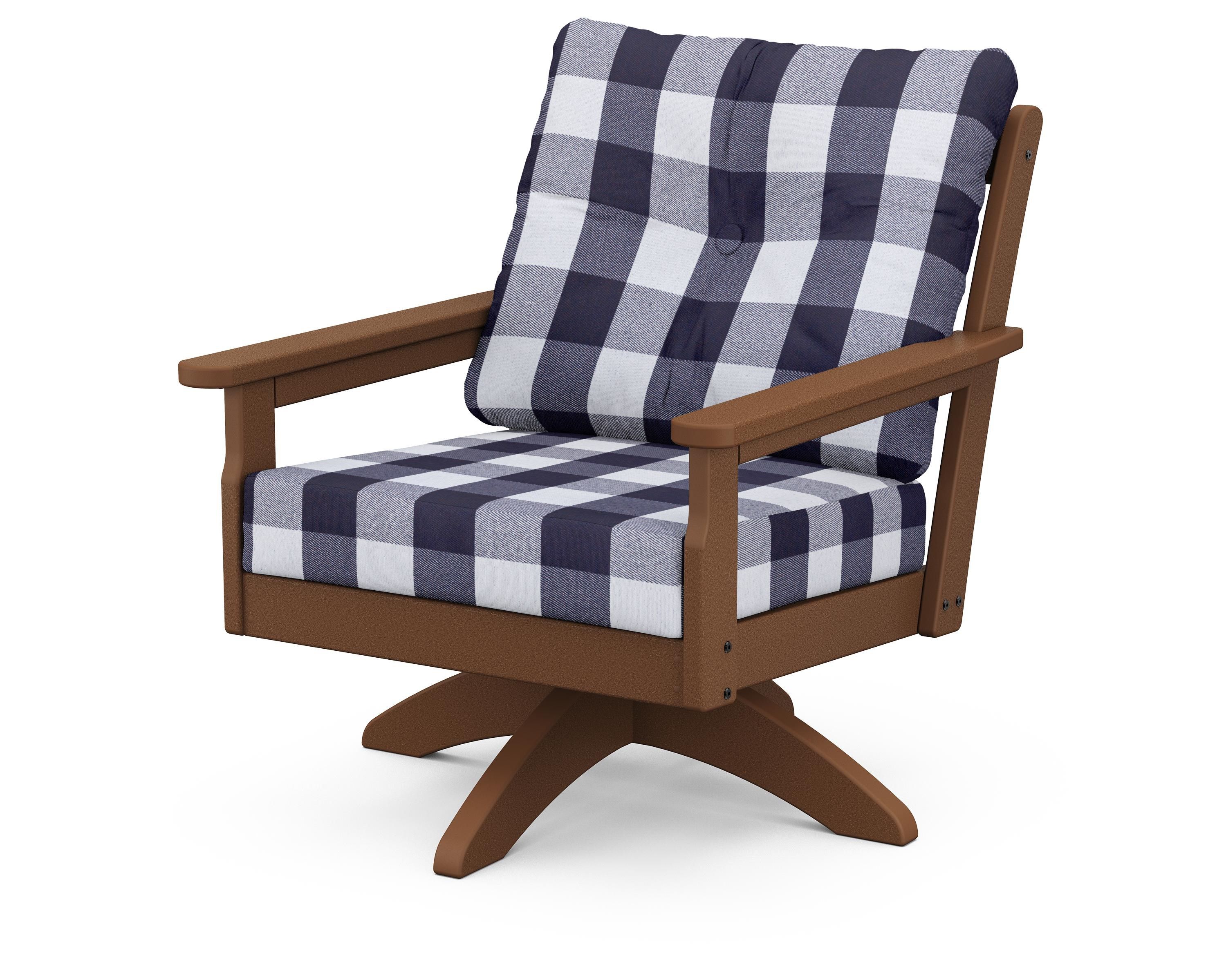 POLYWOOD® Vineyard Deep Seating Swivel Chair in Teak / Buffalo Plaid Navy