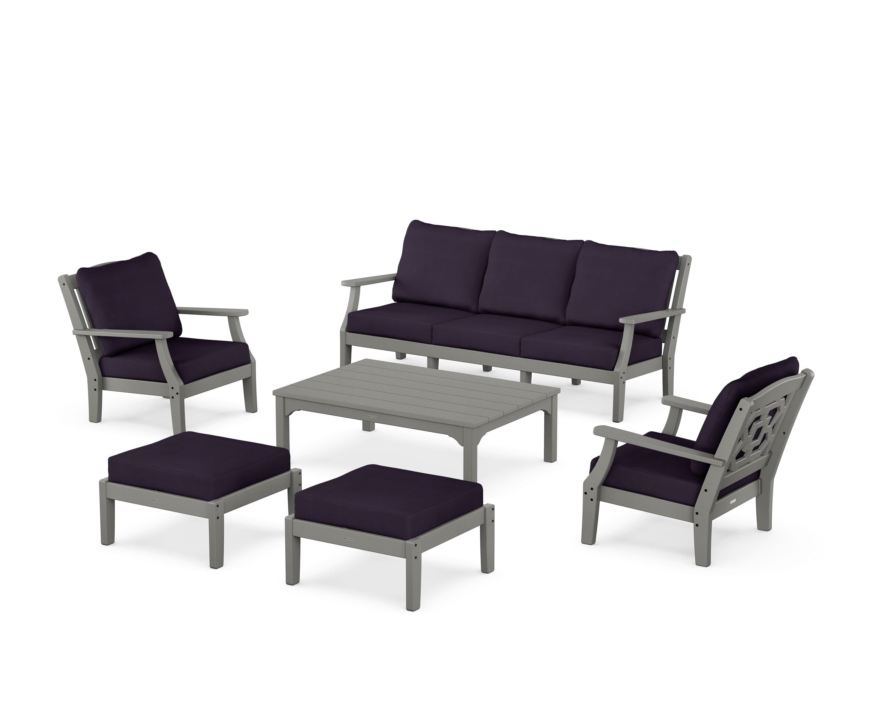 Martha Stewart by POLYWOOD® Chinoiserie 6-Piece Lounge Sofa Set in Slate Grey / Navy Linen