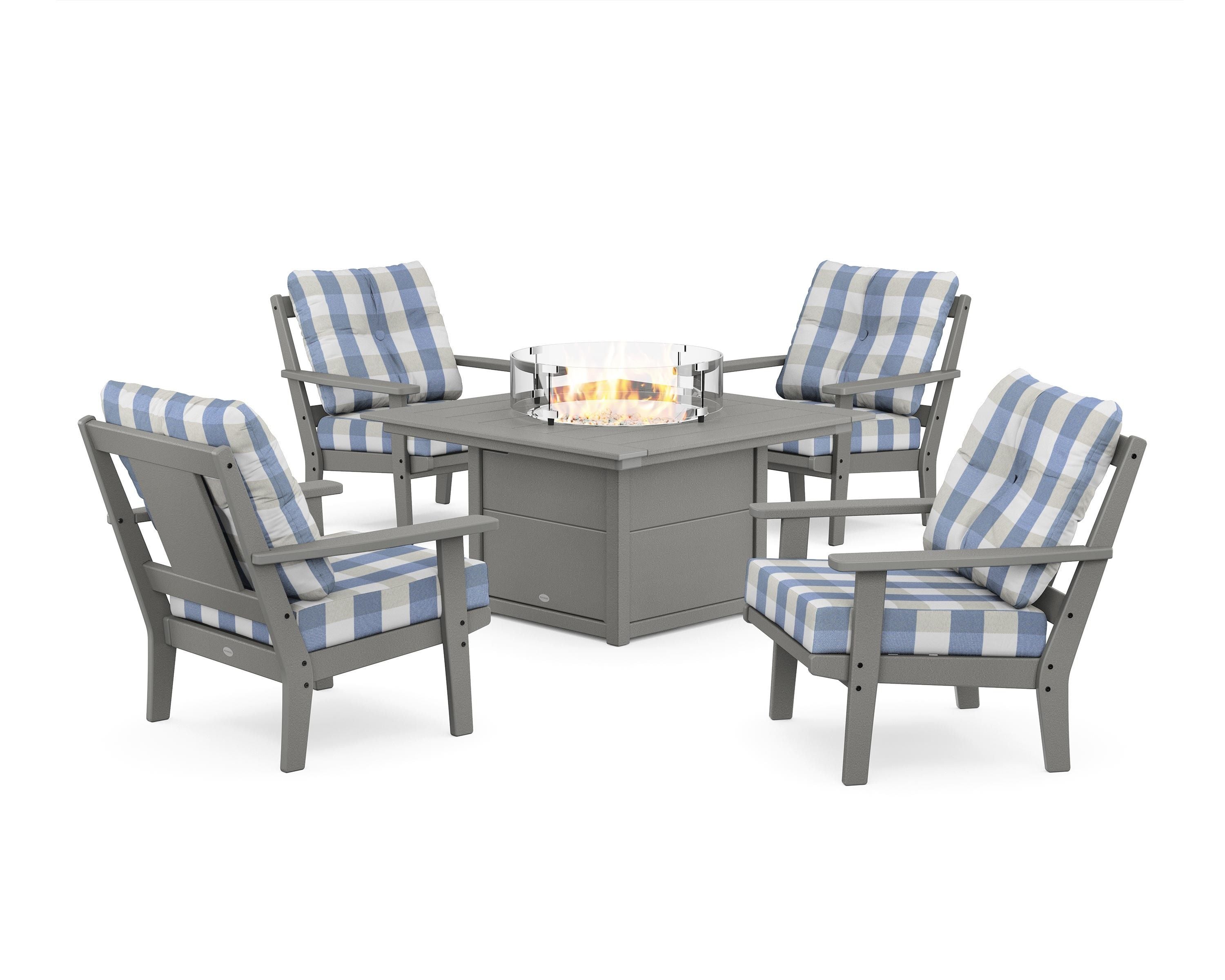 POLYWOOD® Prairie 5-Piece Deep Seating Set with Fire Pit Table in Slate Grey / Buffalo Plaid Sky Blue