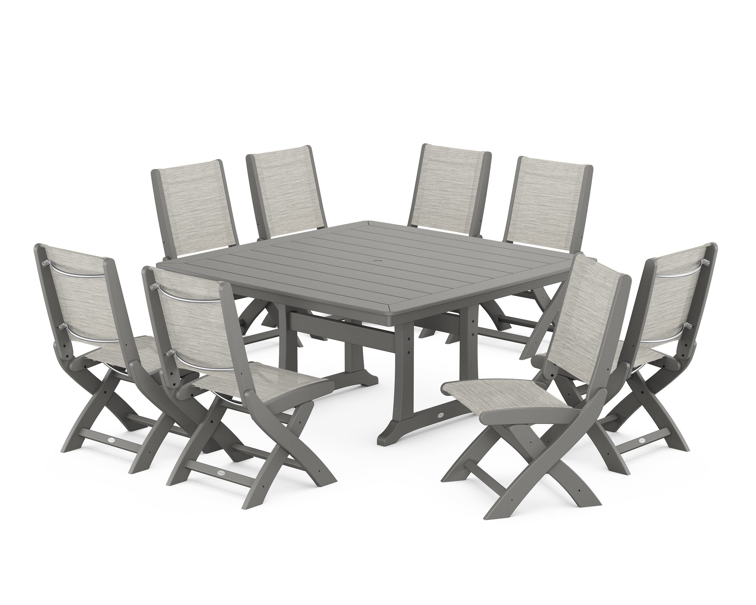 POLYWOOD® Coastal Folding Side Chair 9-Piece Dining Set with Trestle Legs in Slate Grey / Birch Sling