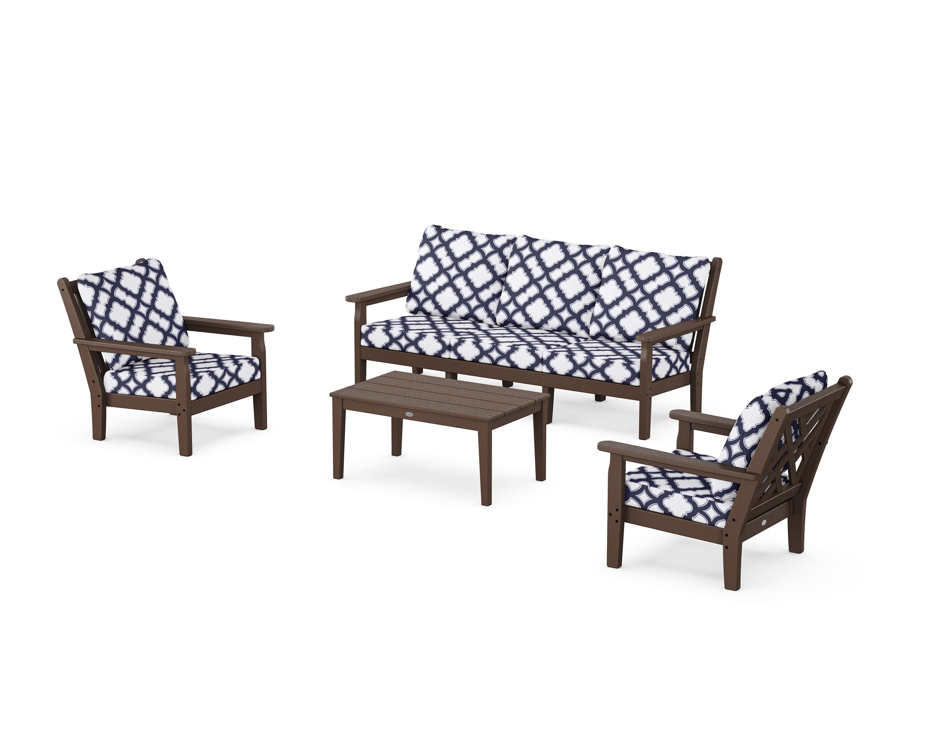 POLYWOOD® Chippendale 4-Piece Deep Seating Set with Sofa in Mahogany / Trellis Navy