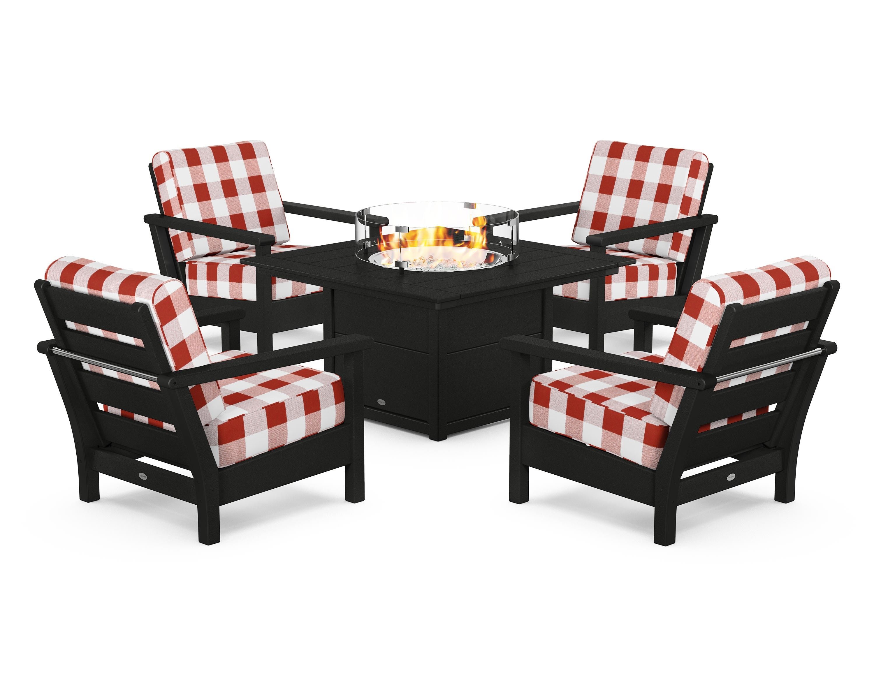 POLYWOOD® Harbour 5-Piece Conversation Set with Fire Pit Table in Black / Buffalo Plaid Crimson