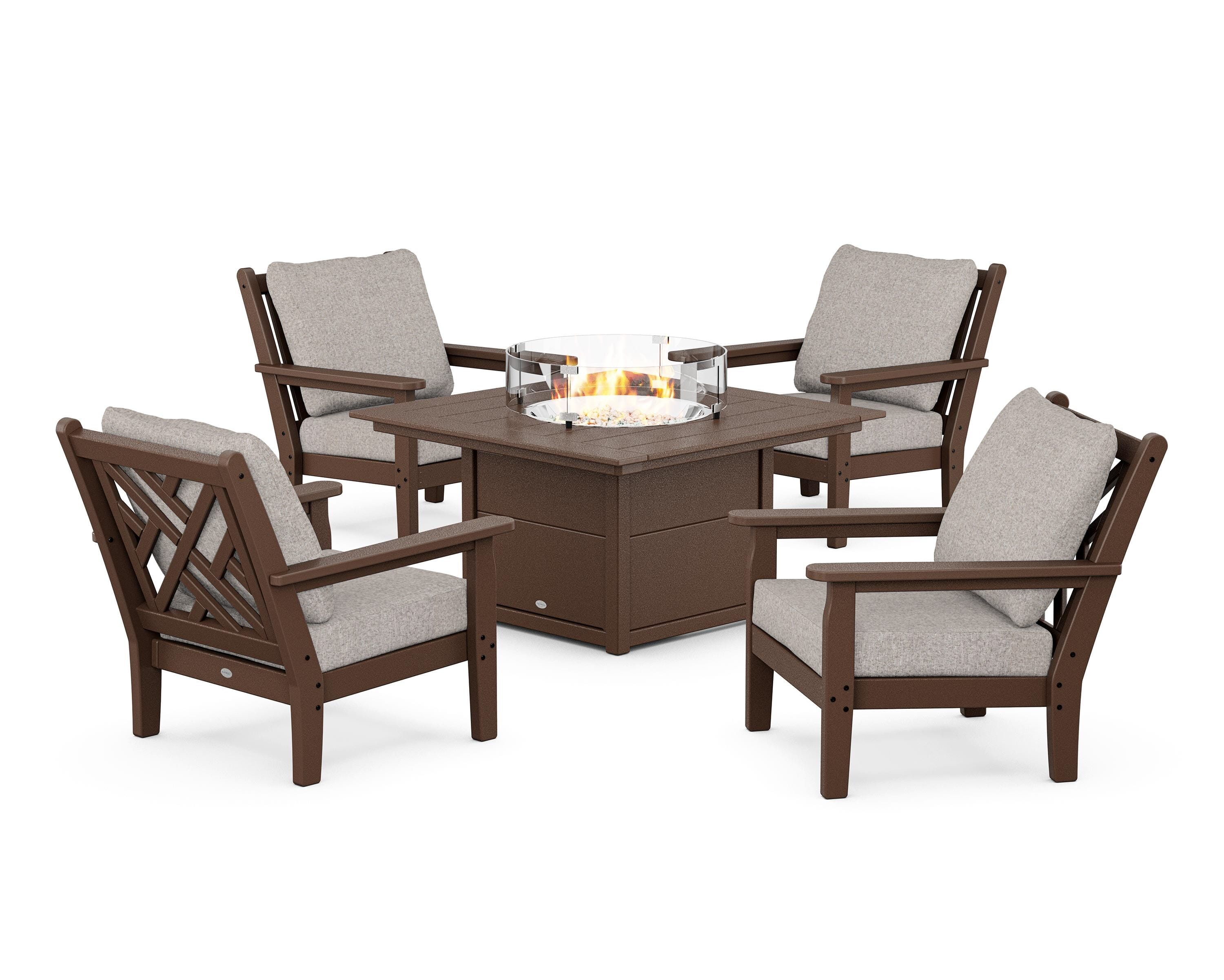 POLYWOOD® Chippendale 5-Piece Deep Seating Set with Fire Pit Table in Mahogany / Weathered Tweed