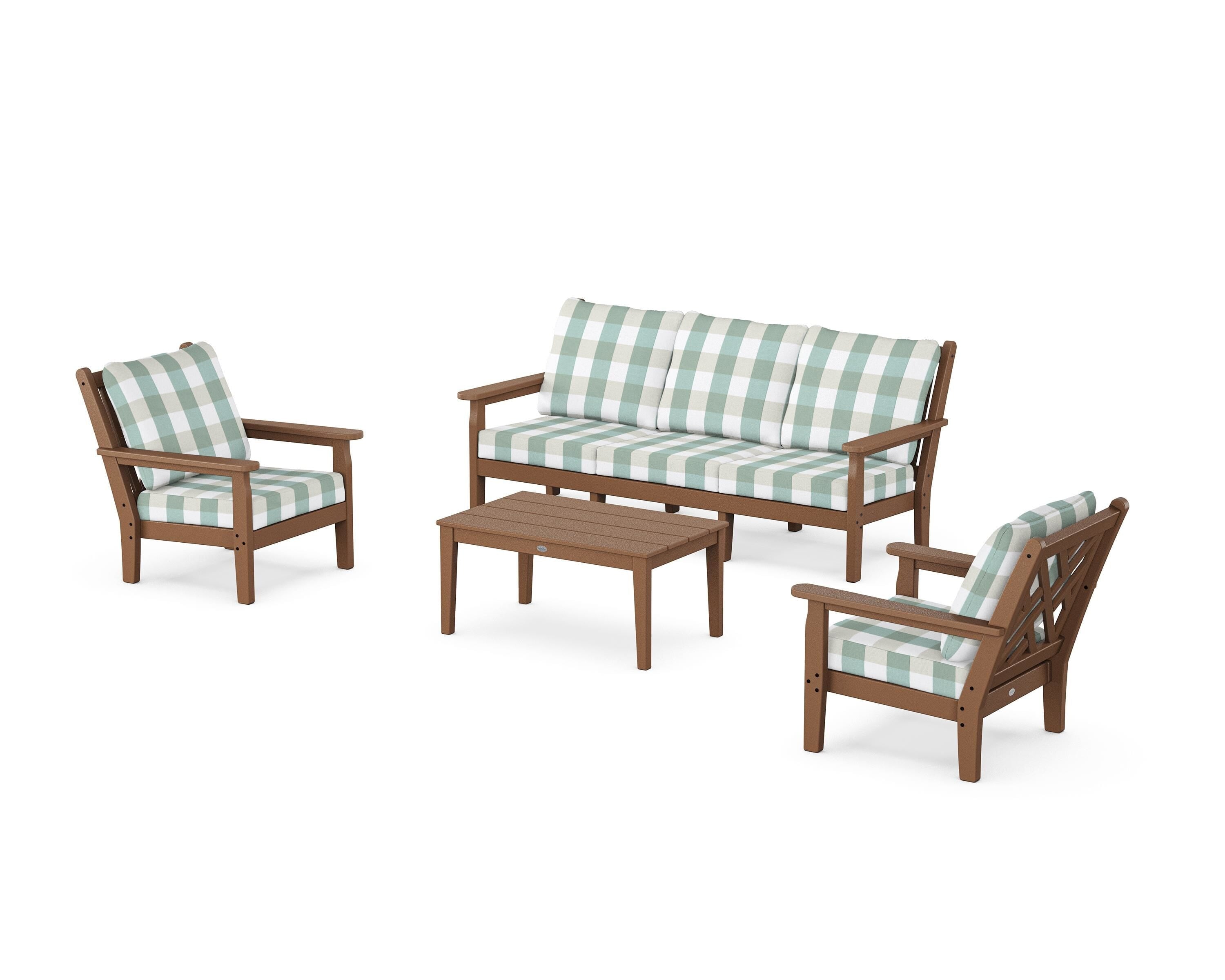 POLYWOOD® Chippendale 4-Piece Deep Seating Set with Sofa in Teak / Buffalo Plaid Glacier Spa
