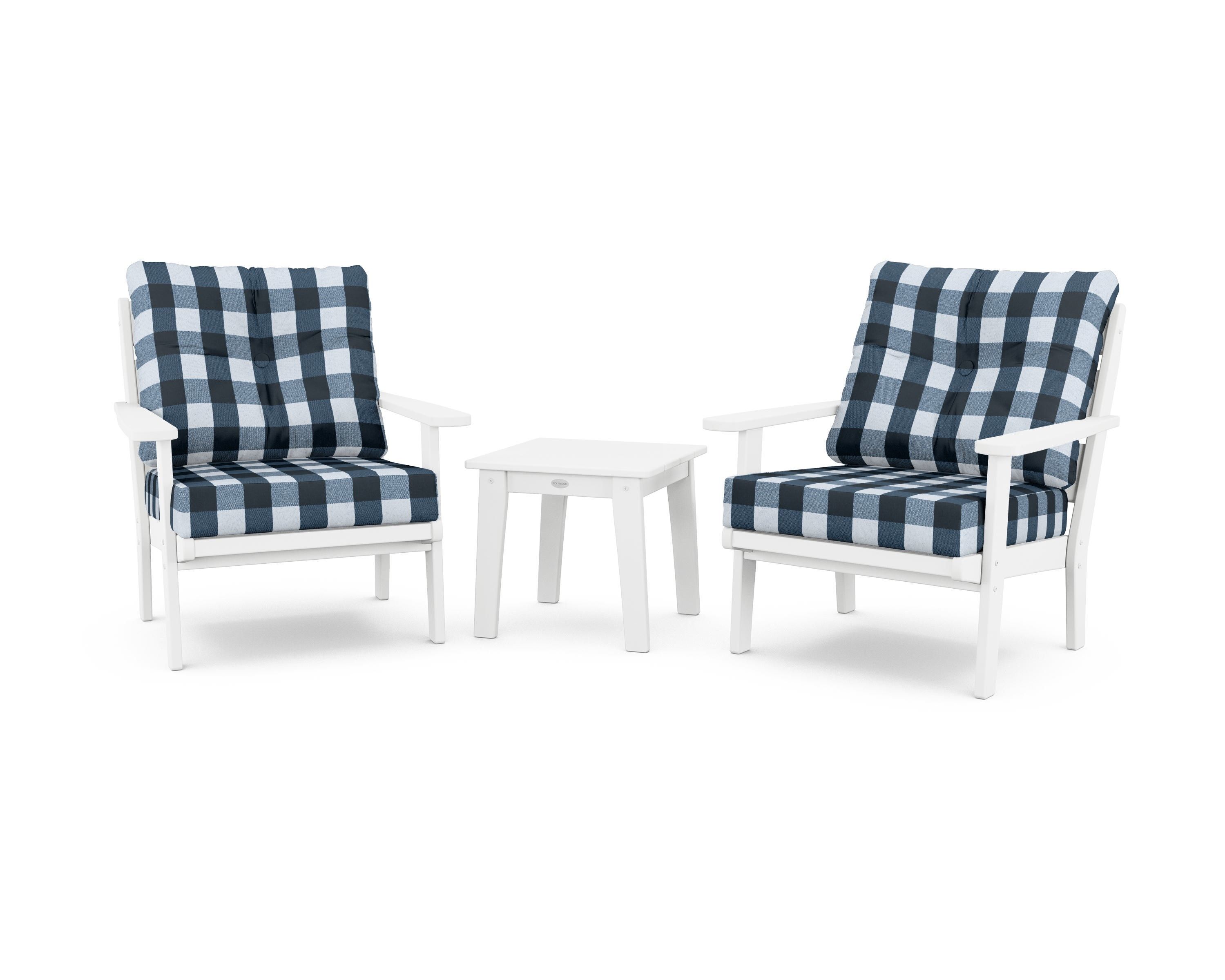 POLYWOOD® Lakeside 3-Piece Deep Seating Chair Set in White / Buffalo Plaid Marine Indigo