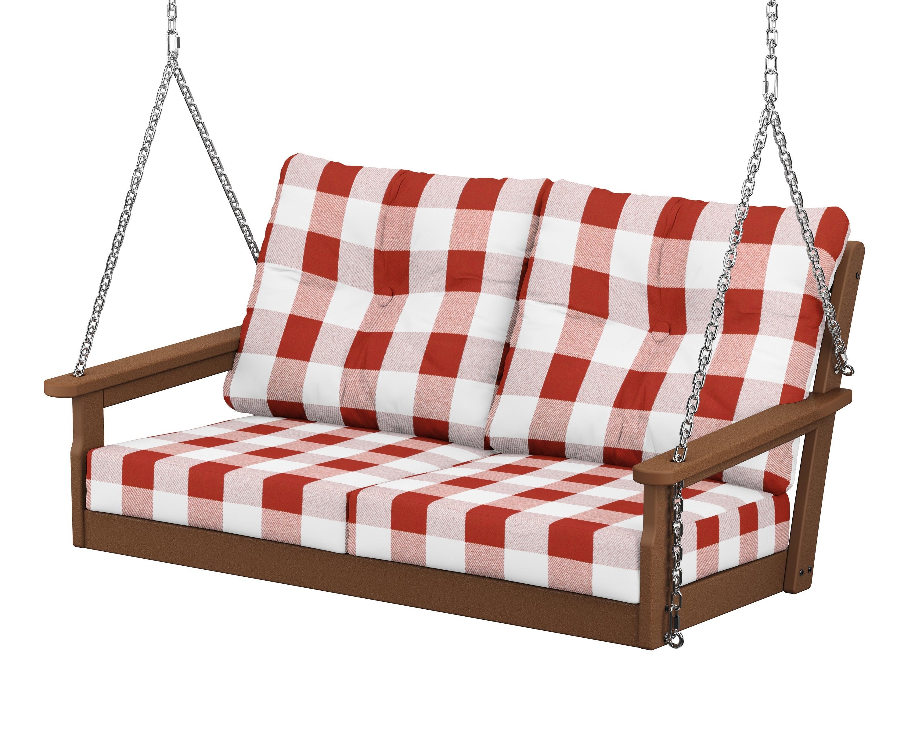 POLYWOOD® Vineyard Deep Seating Swing in Teak / Buffalo Plaid Crimson