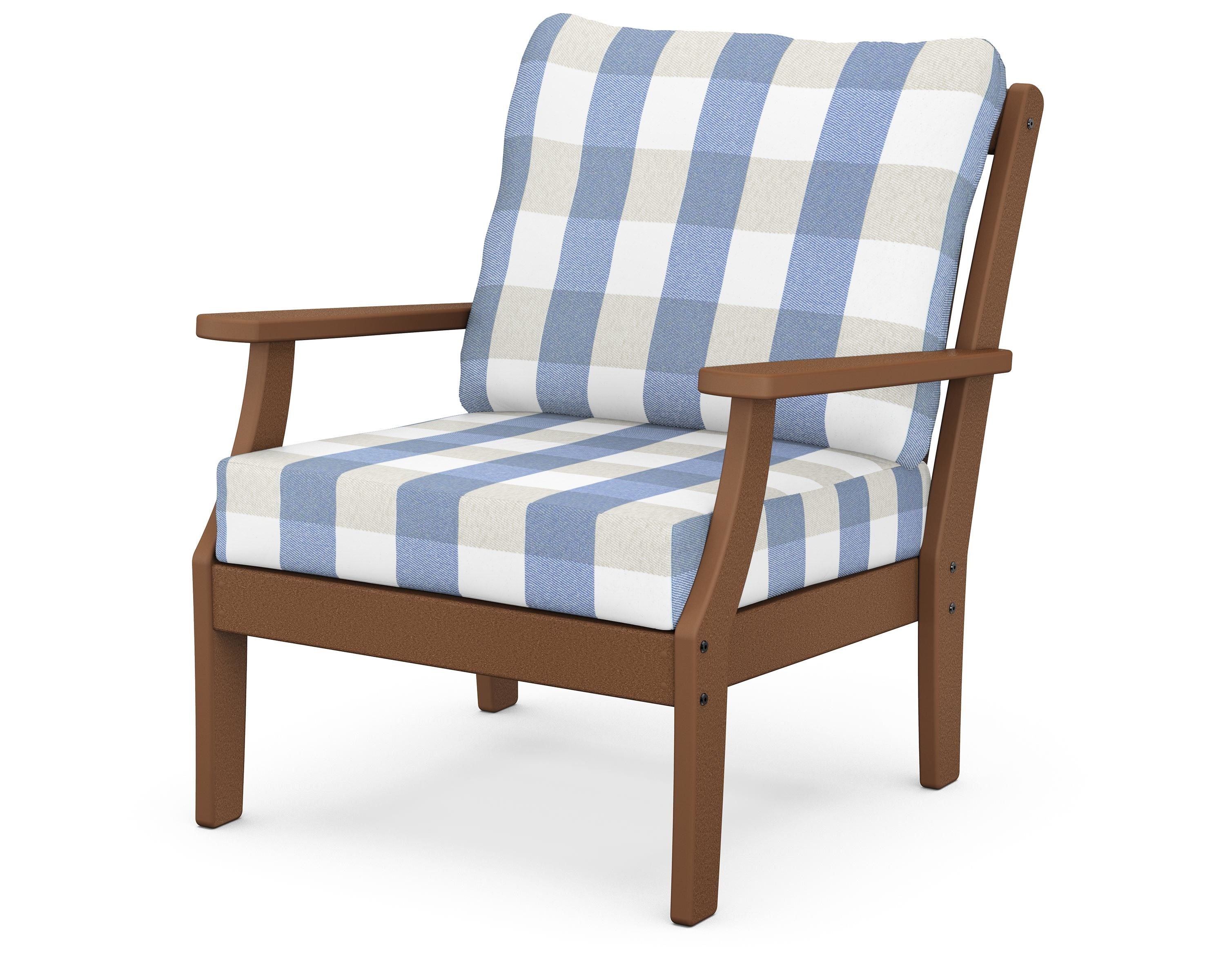 POLYWOOD® Braxton Deep Seating Chair in Teak / Buffalo Plaid Sky Blue