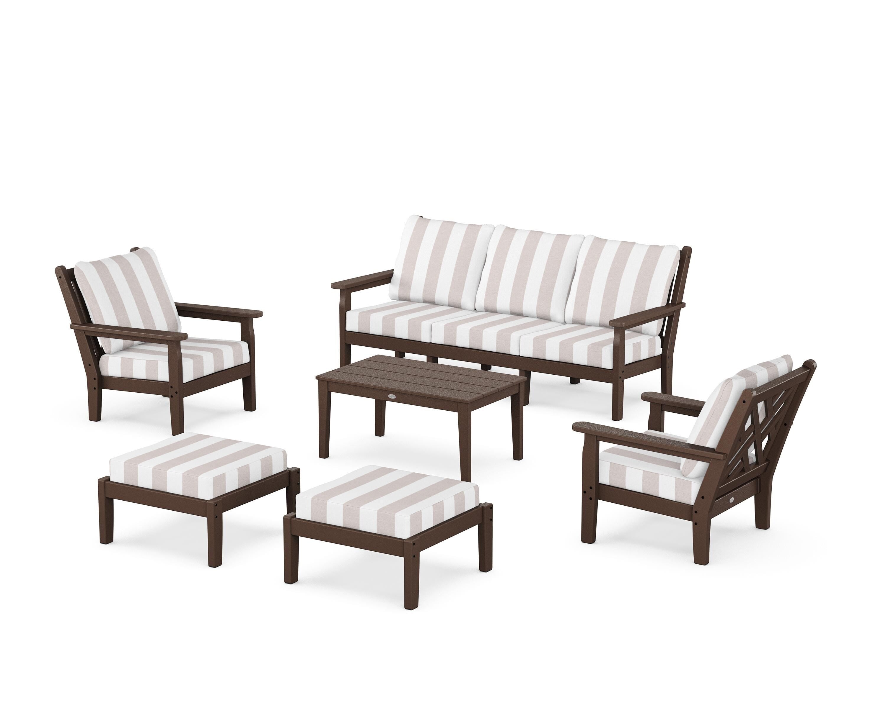 POLYWOOD® Chippendale 6-Piece Lounge Sofa Set in Mahogany / Cabana Stripe Dune Burlap