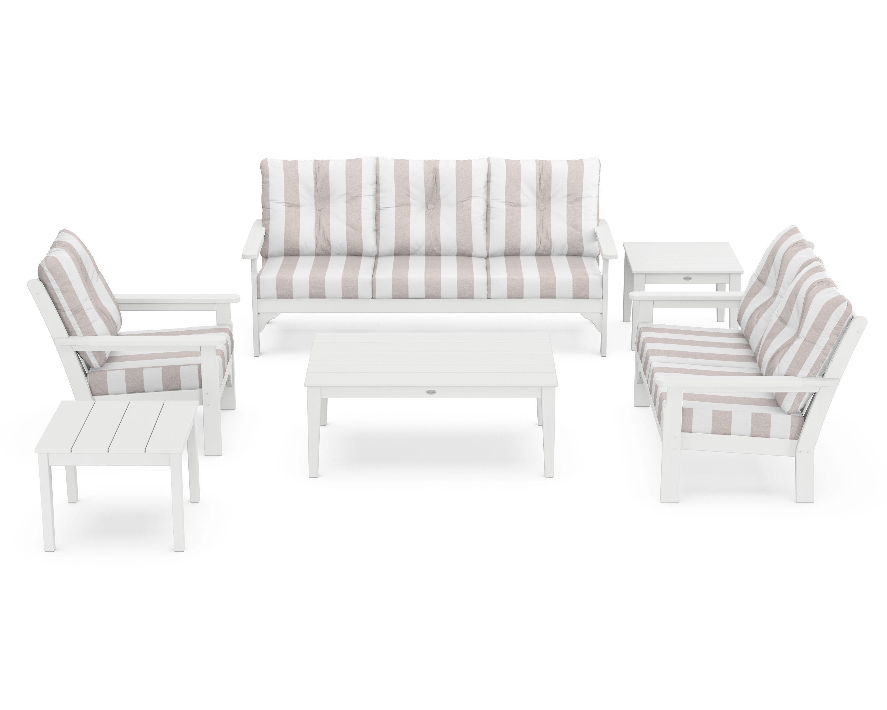 POLYWOOD® Vineyard 6-Piece Deep Seating Set in White / Cabana Stripe Dune Burlap