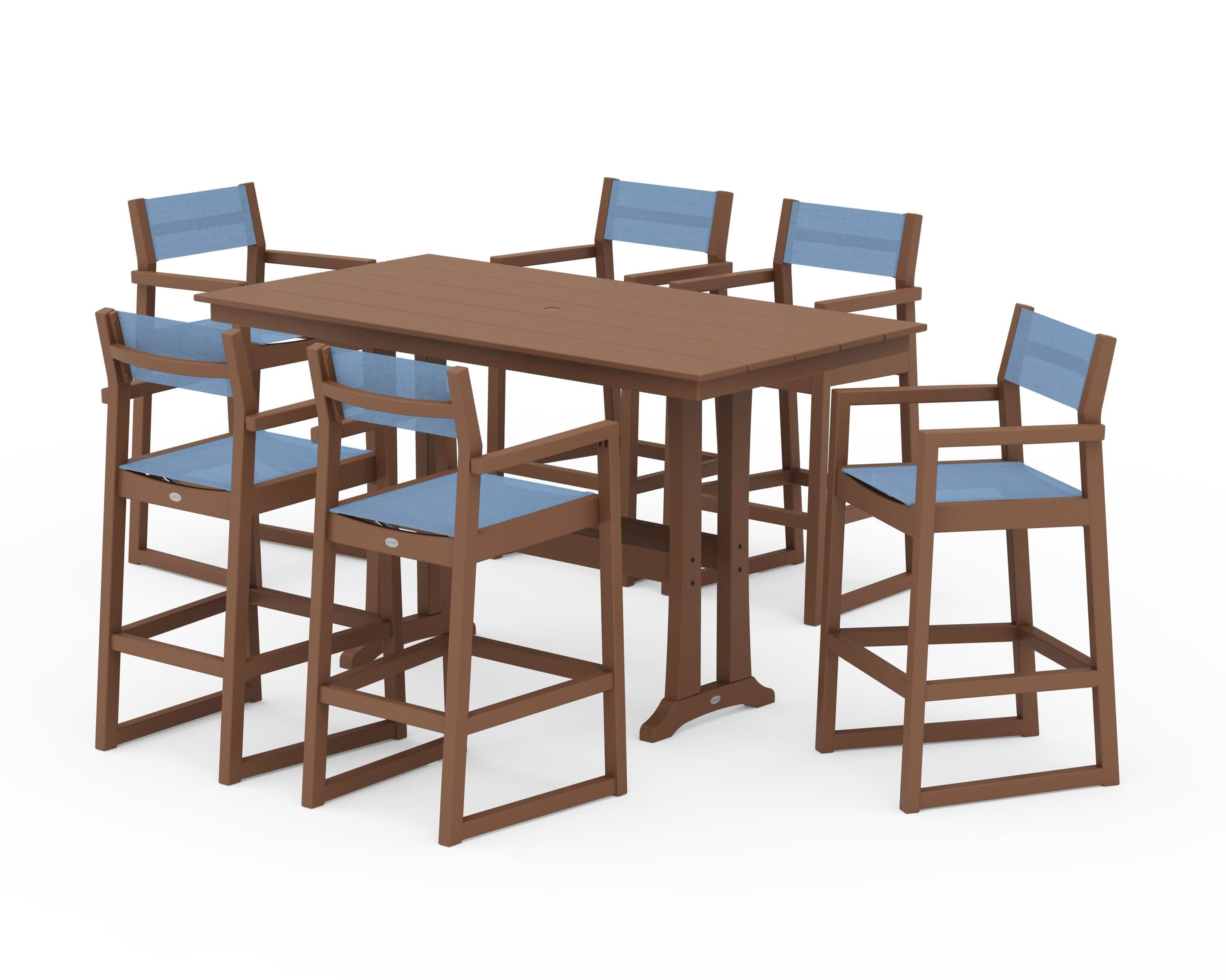 POLYWOOD® EDGE Sling Arm Chair 7-Piece Farmhouse Bar Set with Trestle Legs in Teak / Poolside Sling