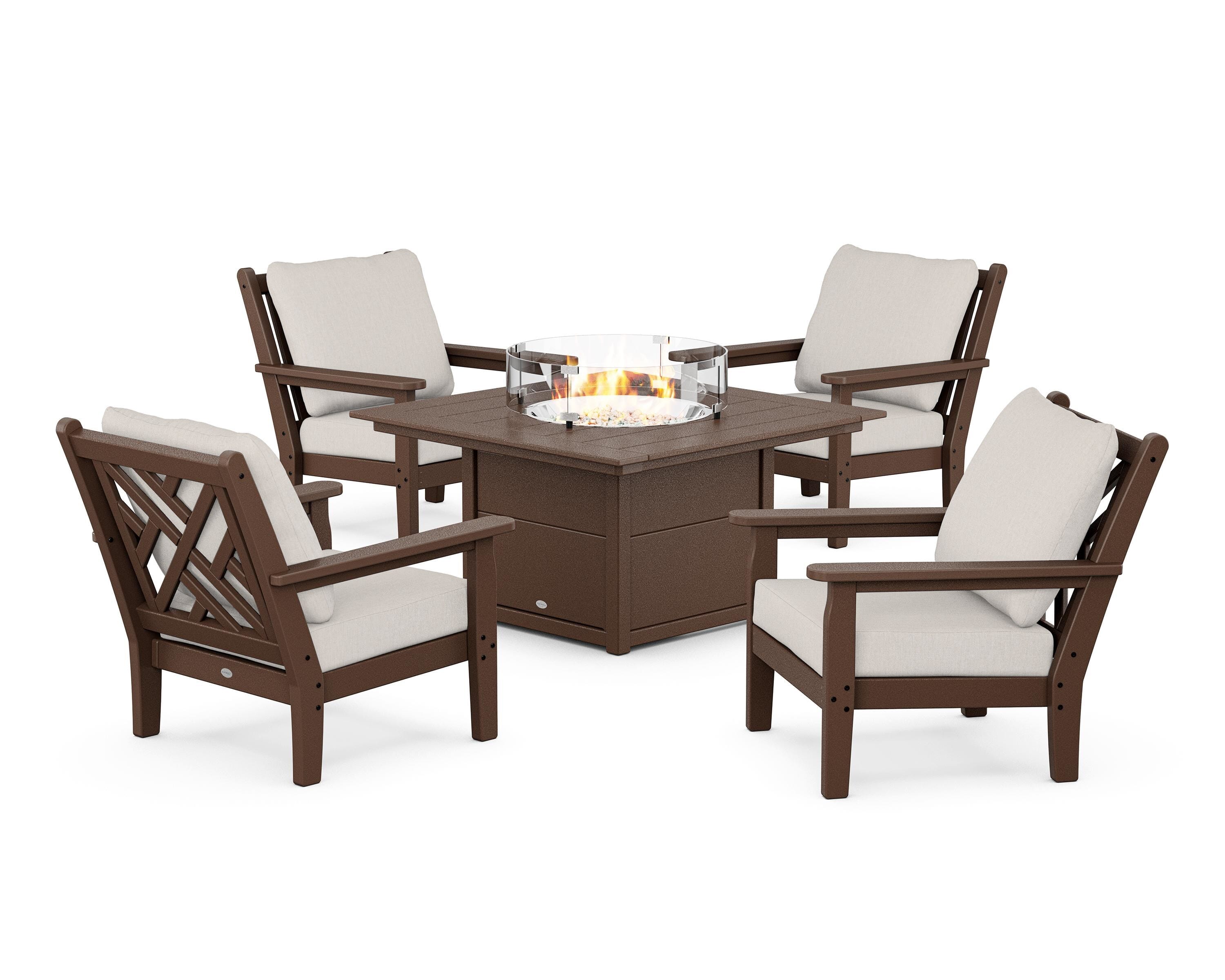 POLYWOOD® Chippendale 5-Piece Deep Seating Set with Fire Pit Table in Mahogany / Cast Ash