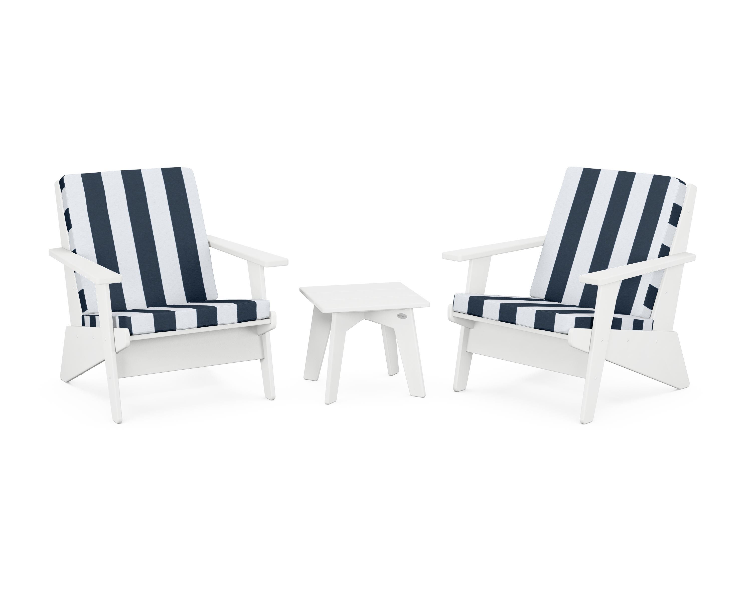 POLYWOOD® Riviera Modern Lounge 3-Piece Set in White / Cabana Stripe Marine Indigo