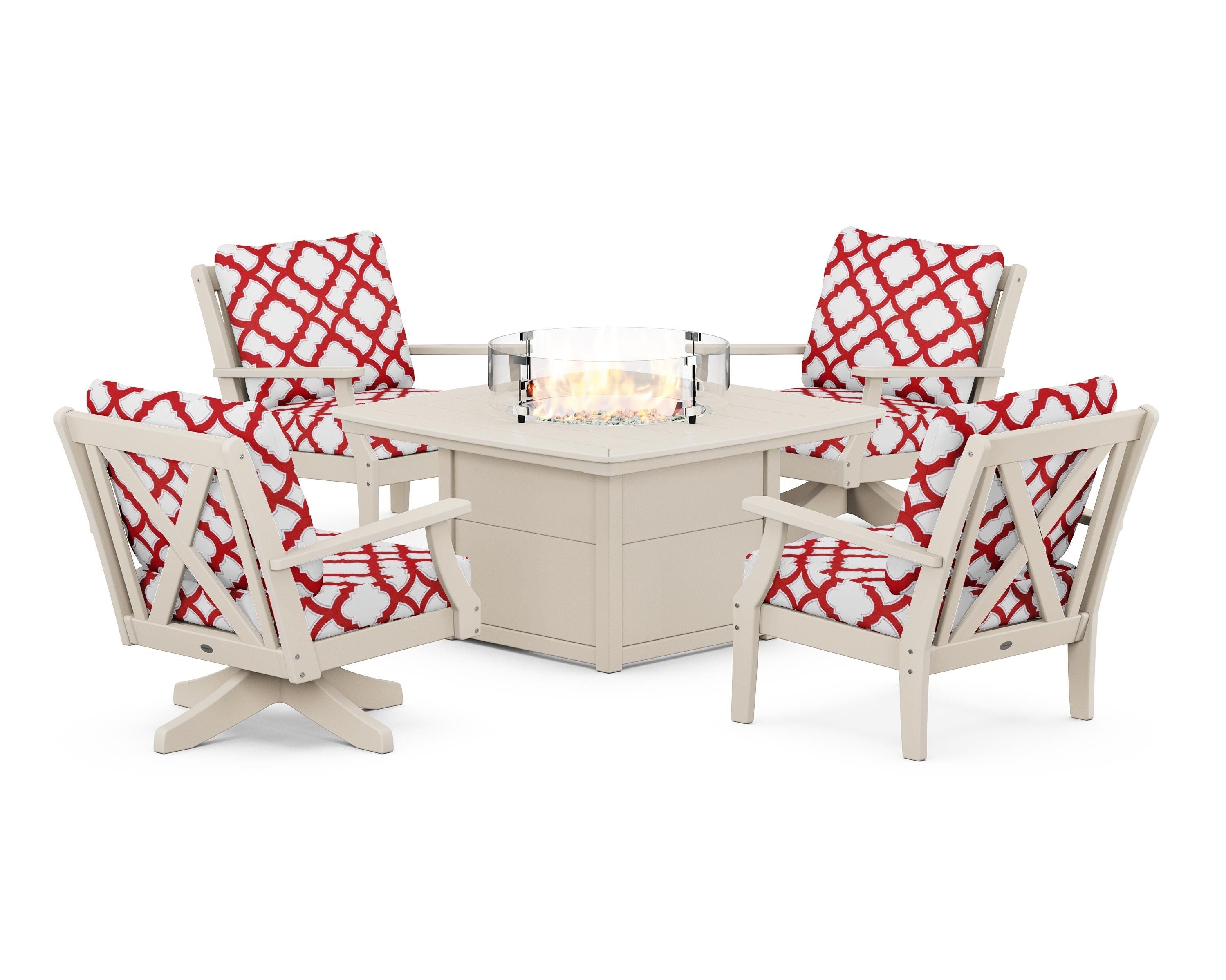POLYWOOD® Braxton 5-Piece Deep Seating Set with Fire Table in Sand / Trellis Crimson