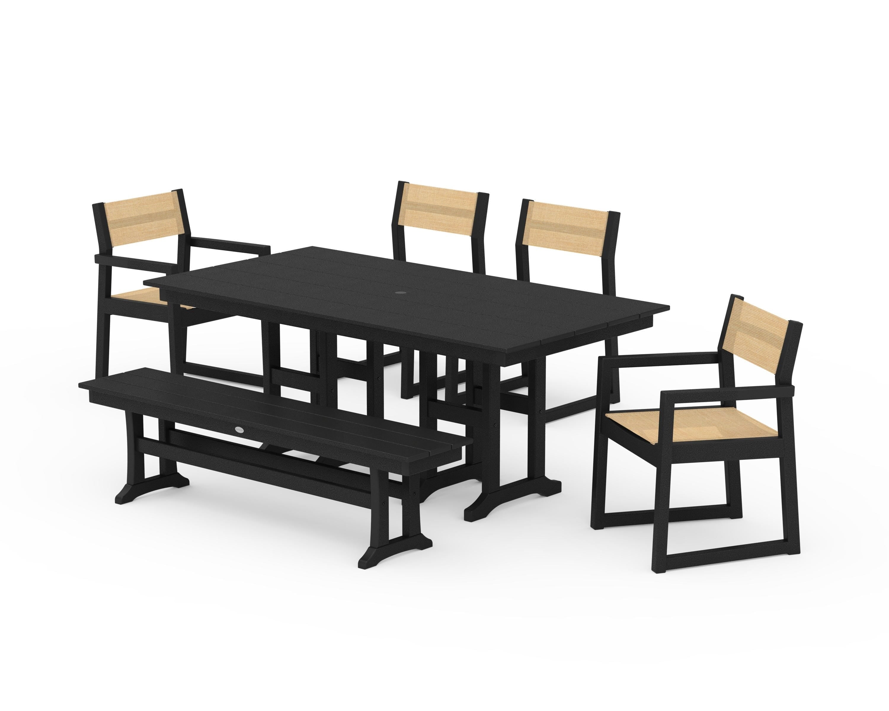 POLYWOOD® EDGE Sling 6-Piece Farmhouse Dining Set in Black / Dupioni Apricot Sling