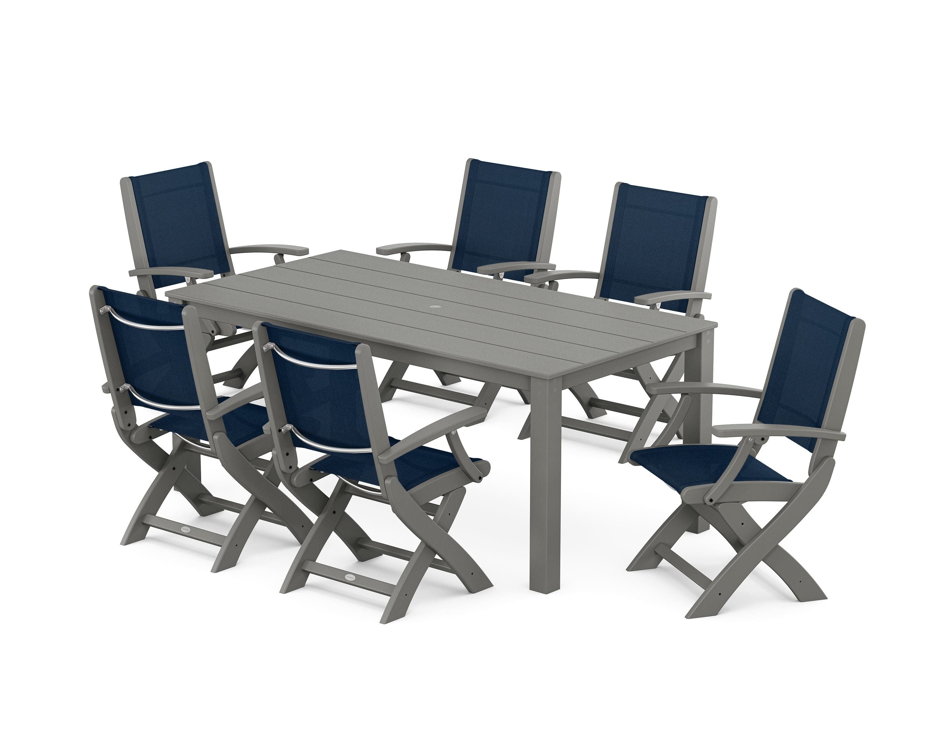 POLYWOOD® Coastal Folding Chair 7-Piece Parsons Dining Set in Slate Grey / Navy Blue Sling