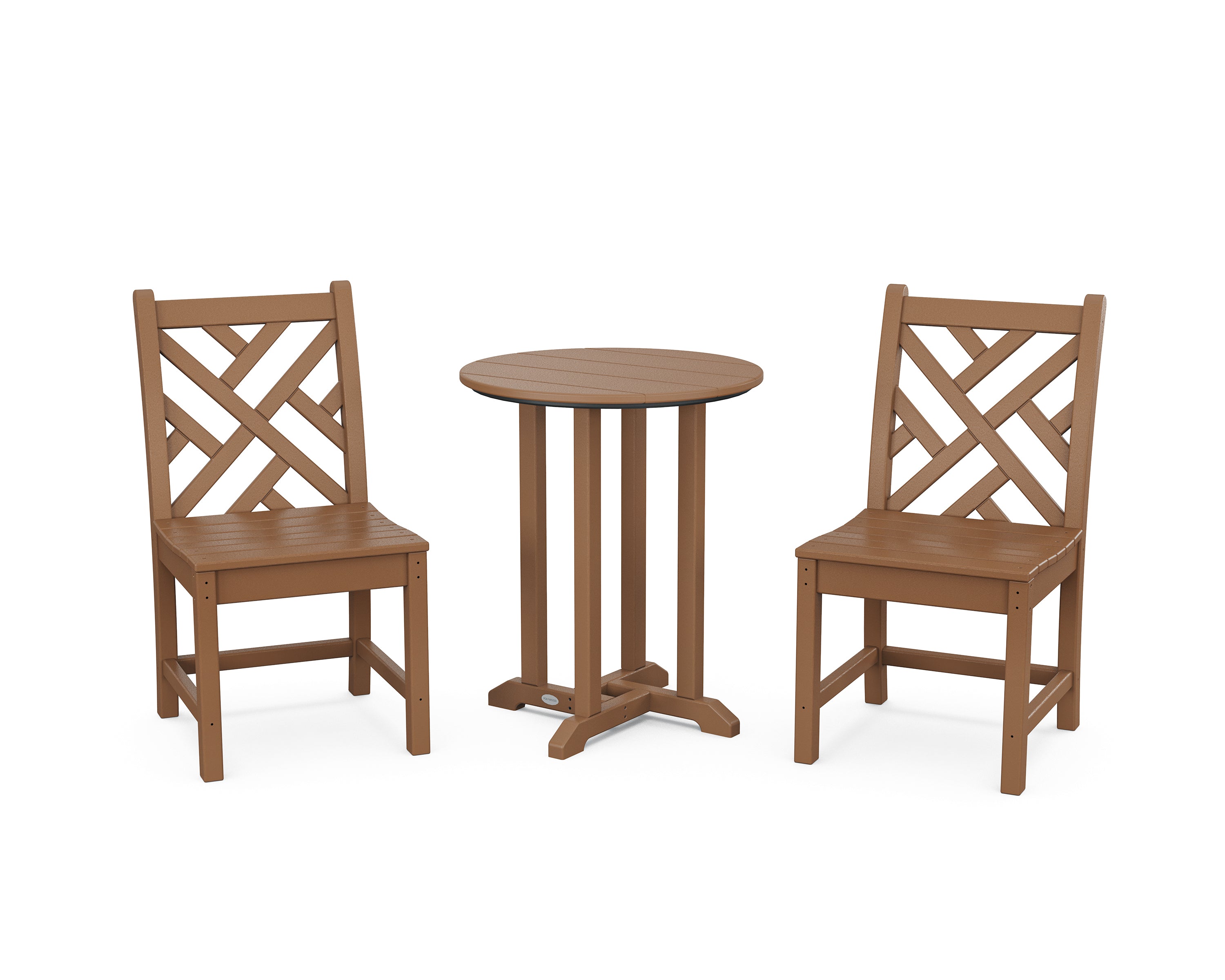 POLYWOOD® Chippendale Side Chair 3-Piece Round Bistro Dining Set in Teak