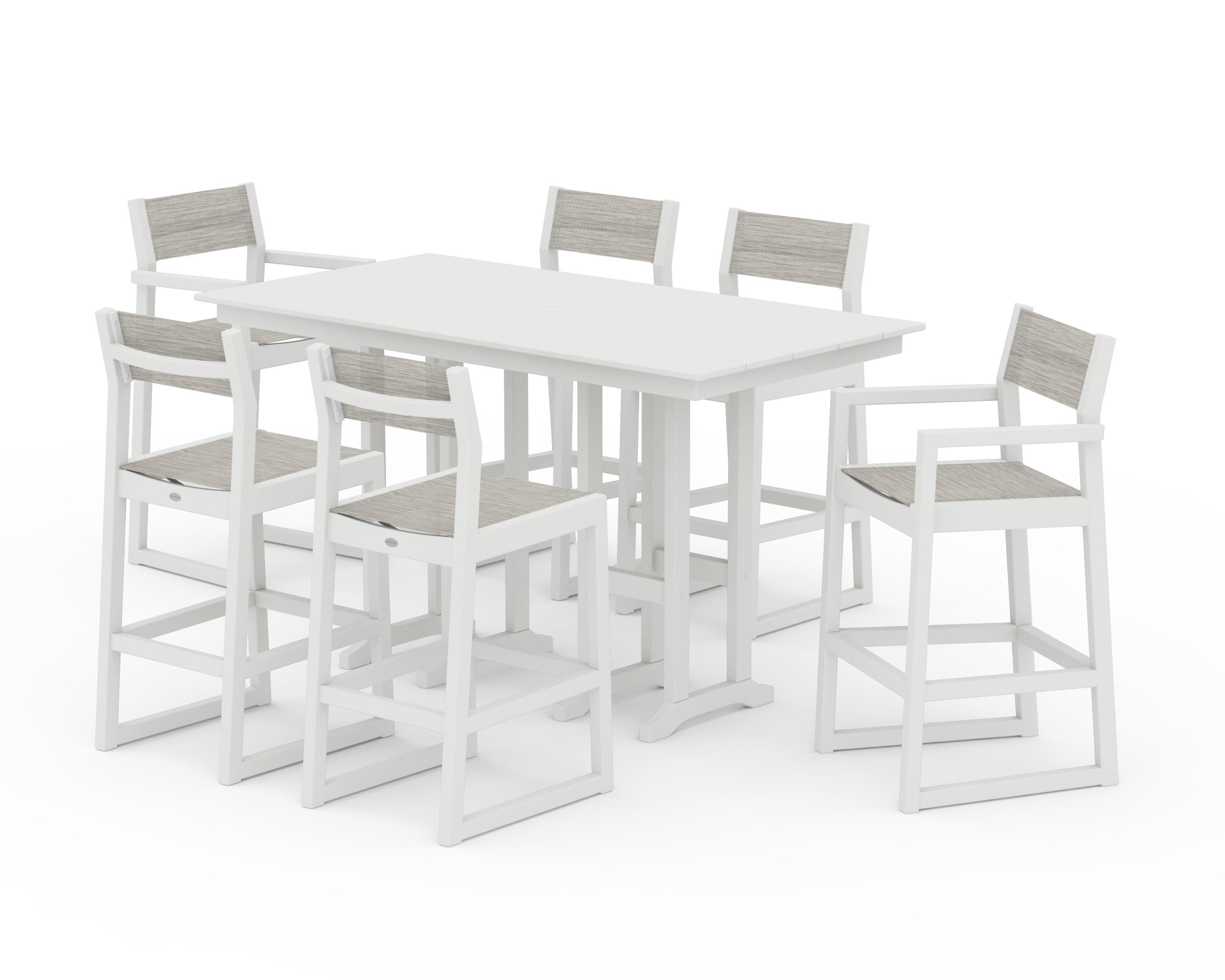 POLYWOOD® EDGE Sling 7-Piece Farmhouse Bar Set in White / Birch Sling