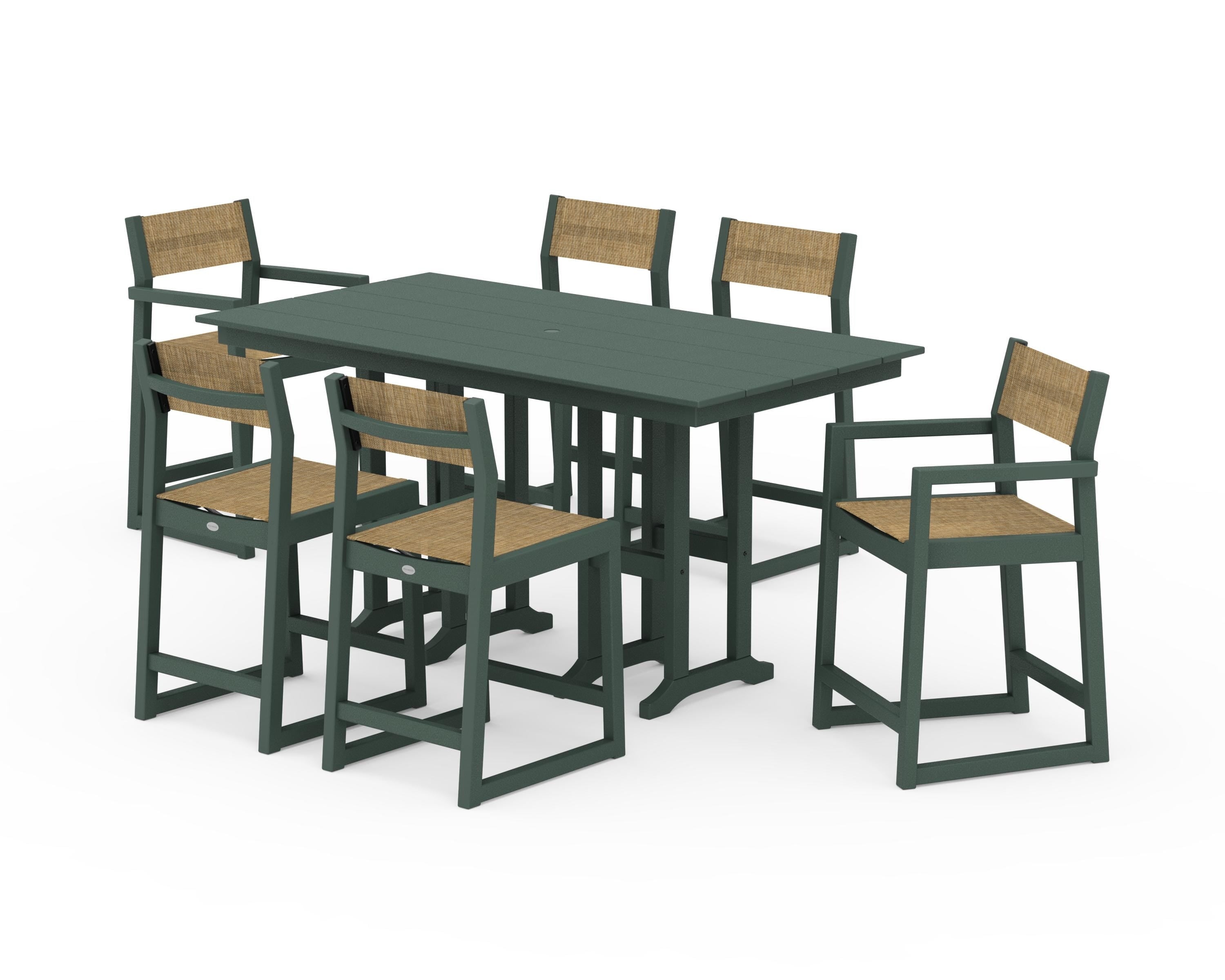 POLYWOOD® EDGE Sling 7-Piece Farmhouse Counter Set with Trestle Legs in Green / Burlap Sling