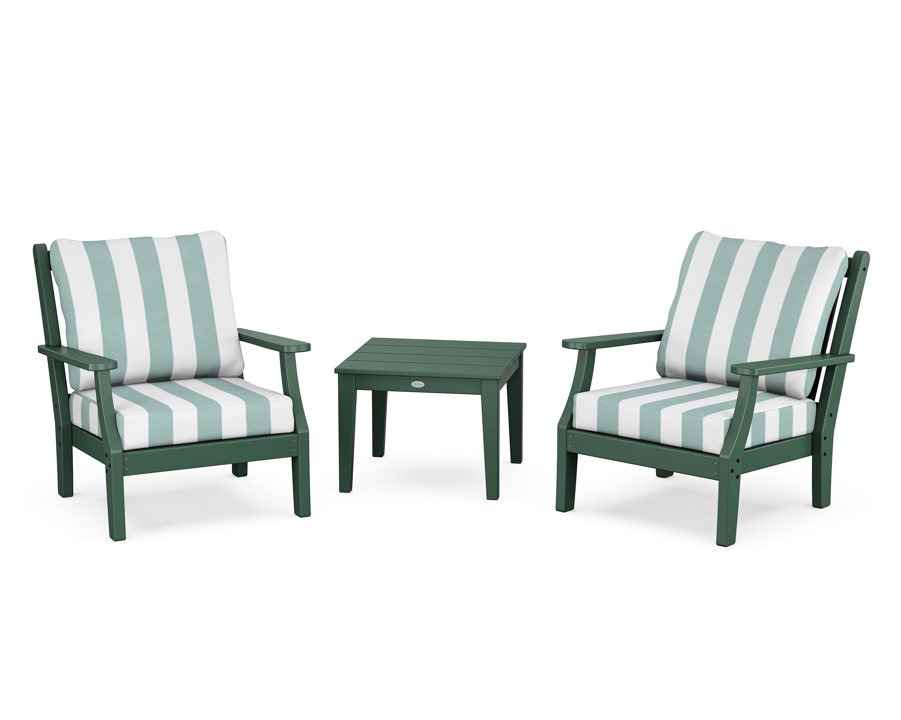 Country Living Wovendale 3-Piece Deep Seating Set in Green / Cabana Stripe Glacier Spa