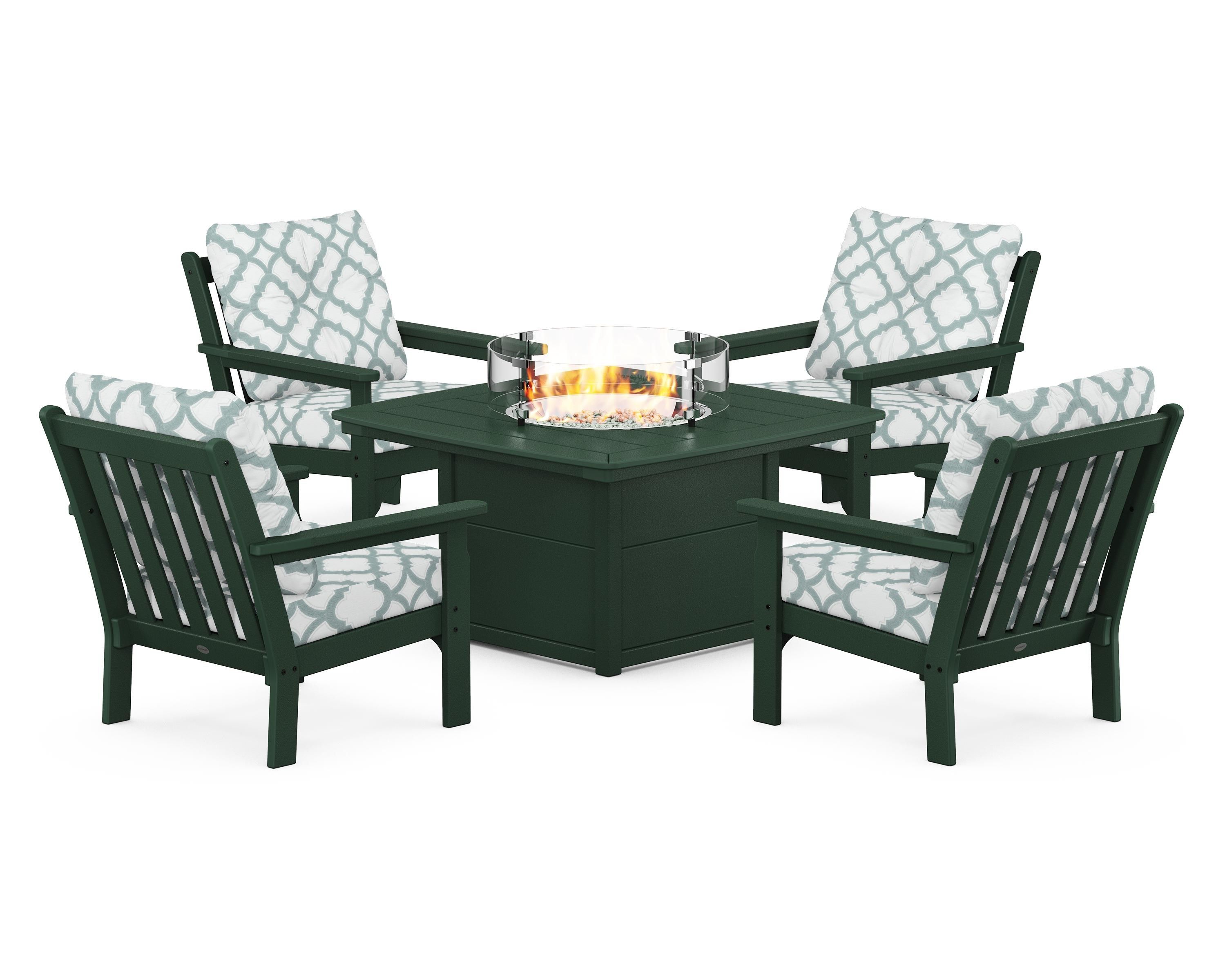 POLYWOOD® Vineyard 5-Piece Conversation Set with Fire Pit Table in Green / Trellis Glacier Spa
