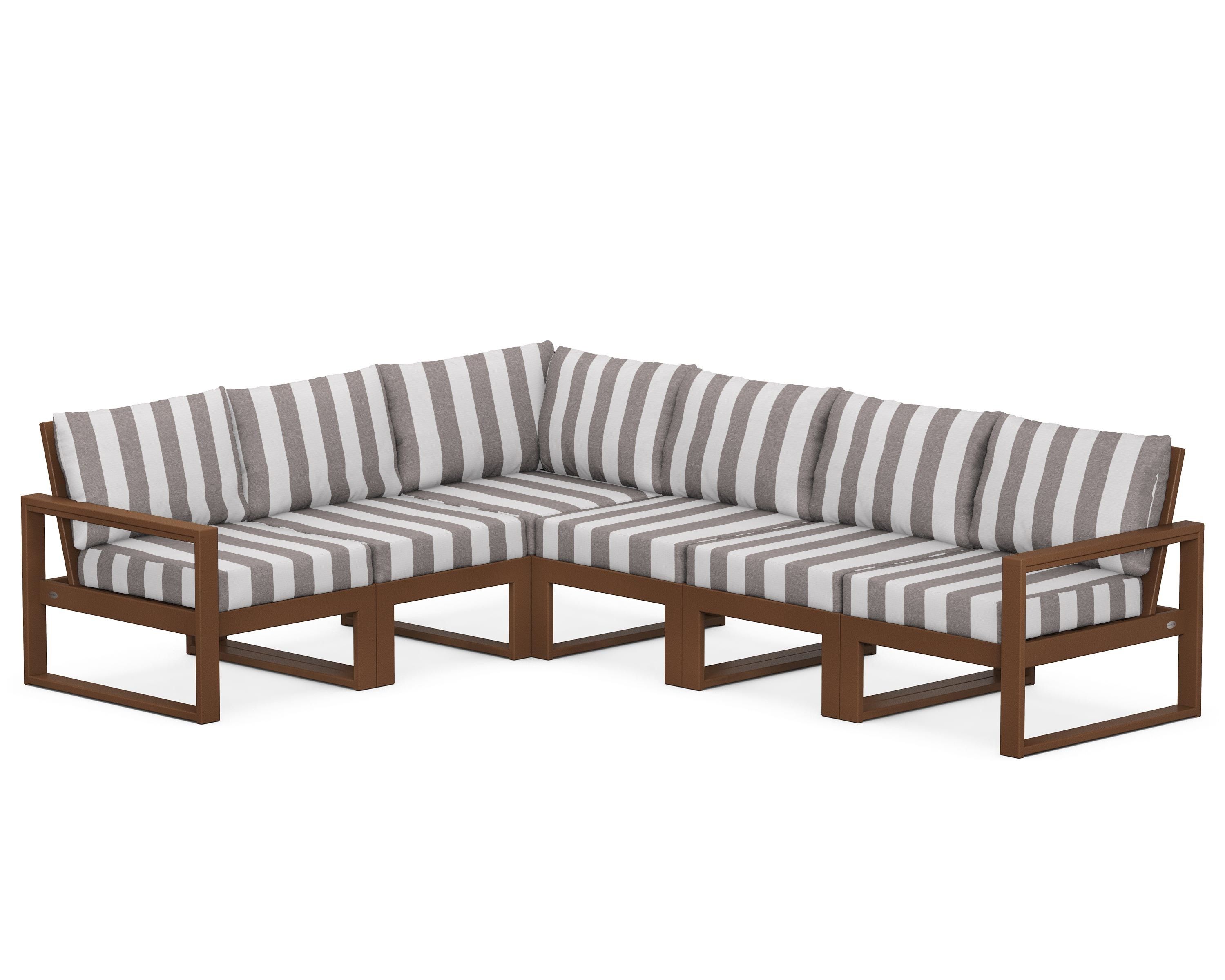 POLYWOOD® EDGE 6-Piece Modular Deep Seating Set in Teak / Cabana Stripe Grey Mist