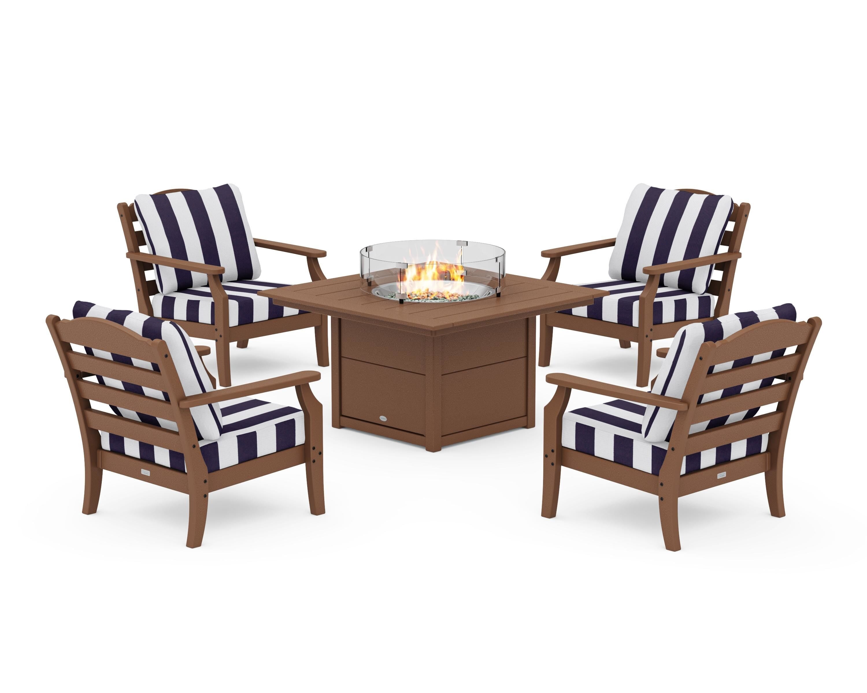 Draper James™ by POLYWOOD® Savannah 5-Piece Deep Seating Set with Fire Pit Table in Teak / Cabana Stripe Navy