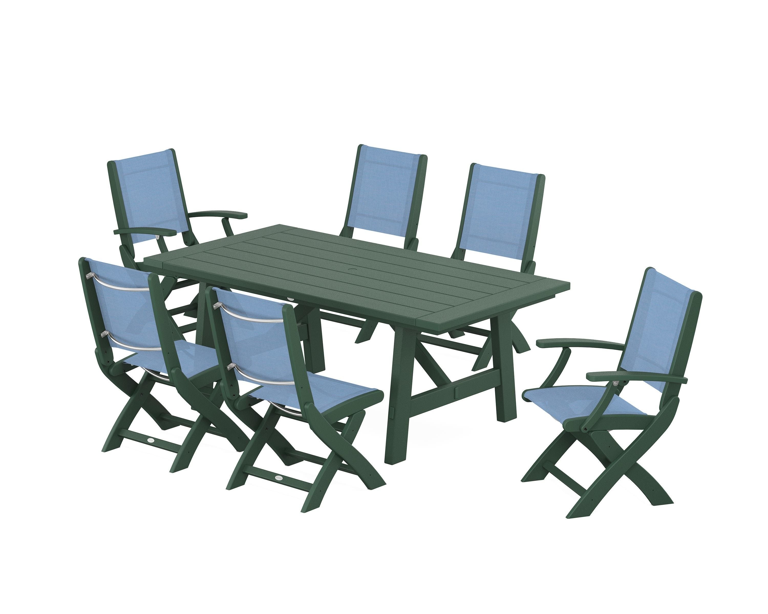 POLYWOOD® Coastal Folding Chair 7-Piece Rustic Farmhouse Dining Set in Green / Poolside Sling