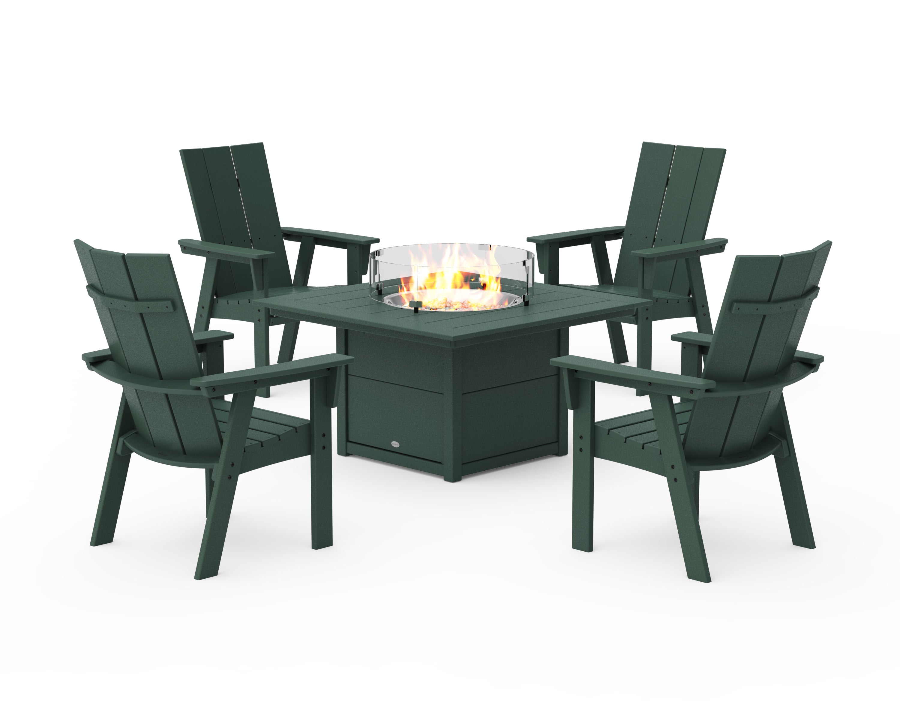 POLYWOOD® Modern 4-Piece Curveback Upright Adirondack Conversation Set with Fire Pit Table in Green