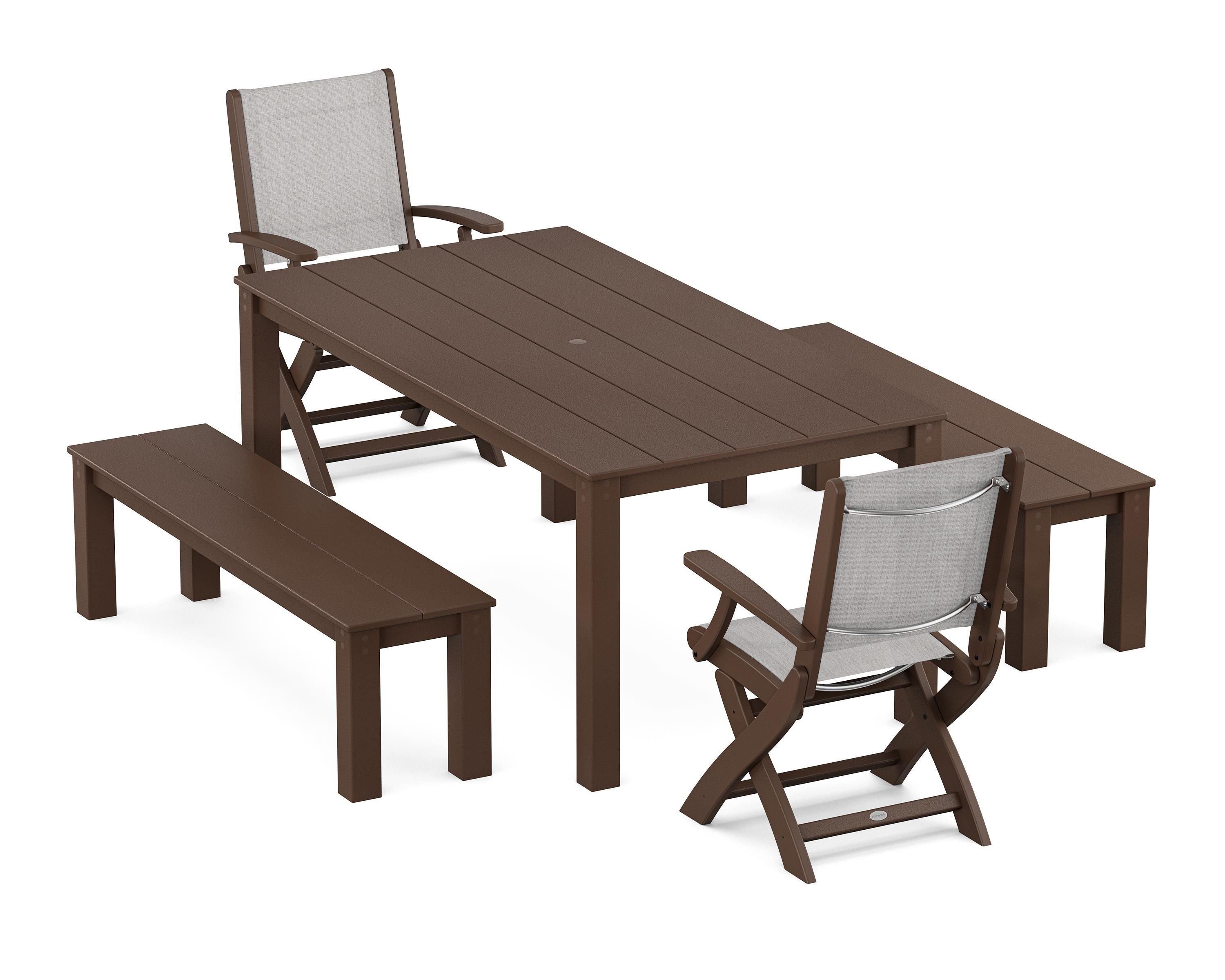 POLYWOOD® Coastal Folding Chair 5-Piece Parsons Dining Set with Benches in Mahogany / Parchment Sling