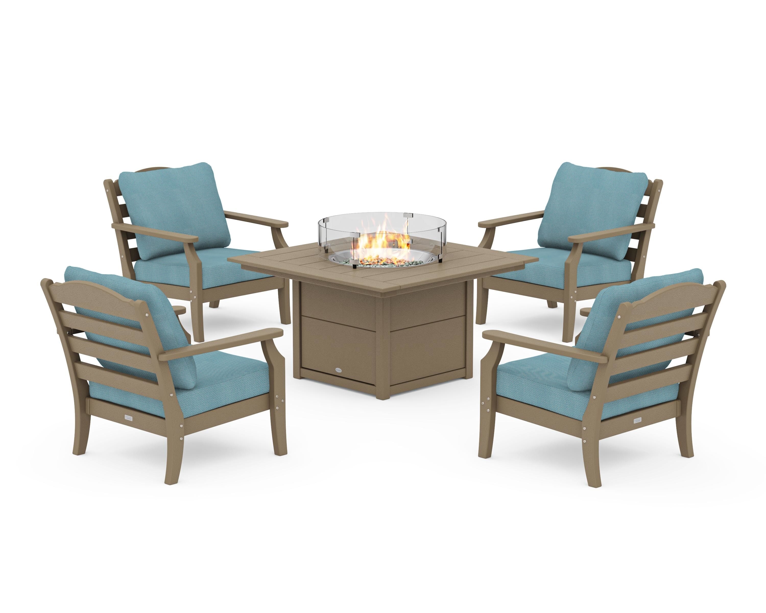 Draper James™ by POLYWOOD® Savannah 5-Piece Deep Seating Set with Fire Pit Table in Vintage Sahara / Lattice Sky Blue