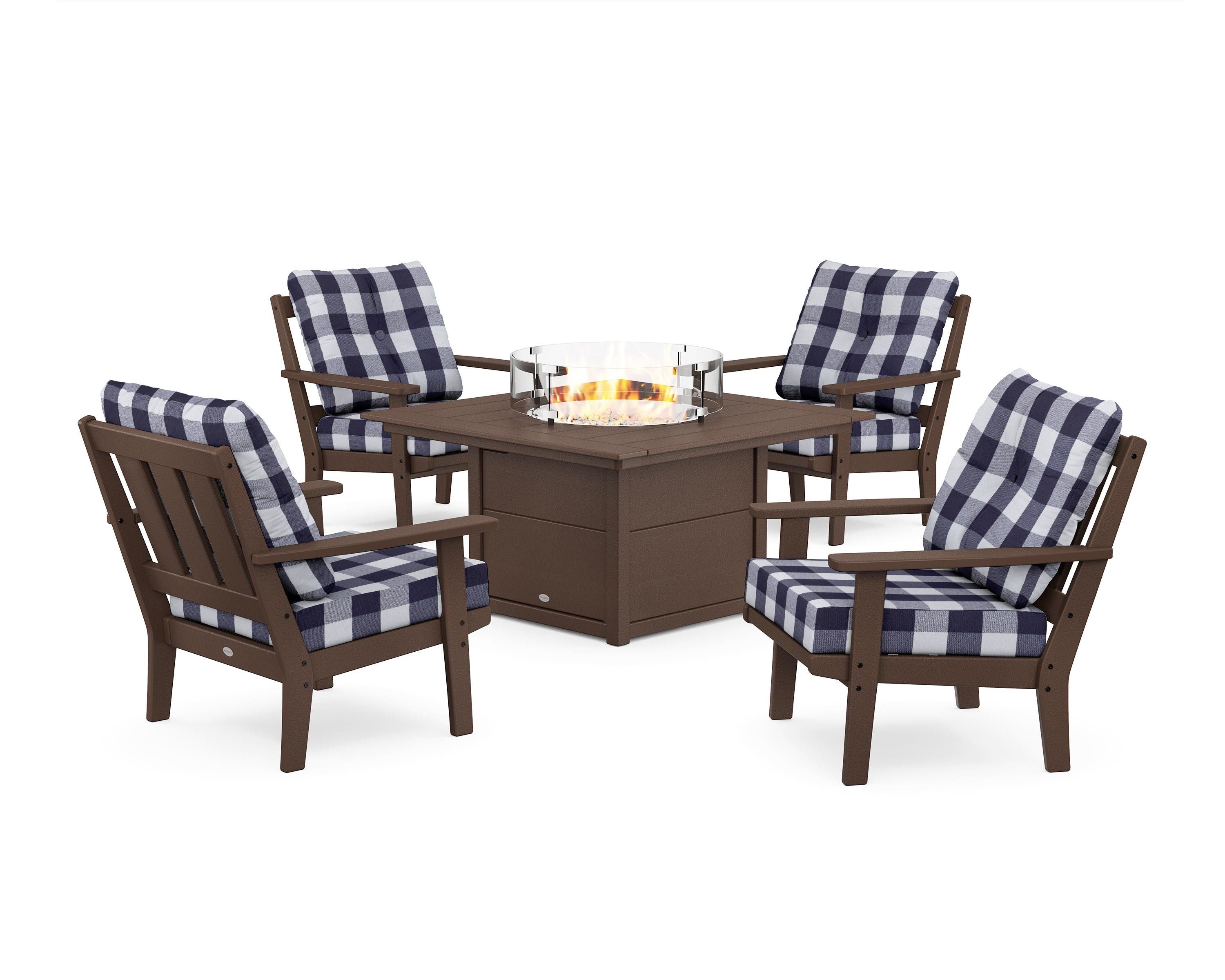 POLYWOOD® Oxford 5-Piece Deep Seating Set with Fire Pit Table in Mahogany / Buffalo Plaid Navy