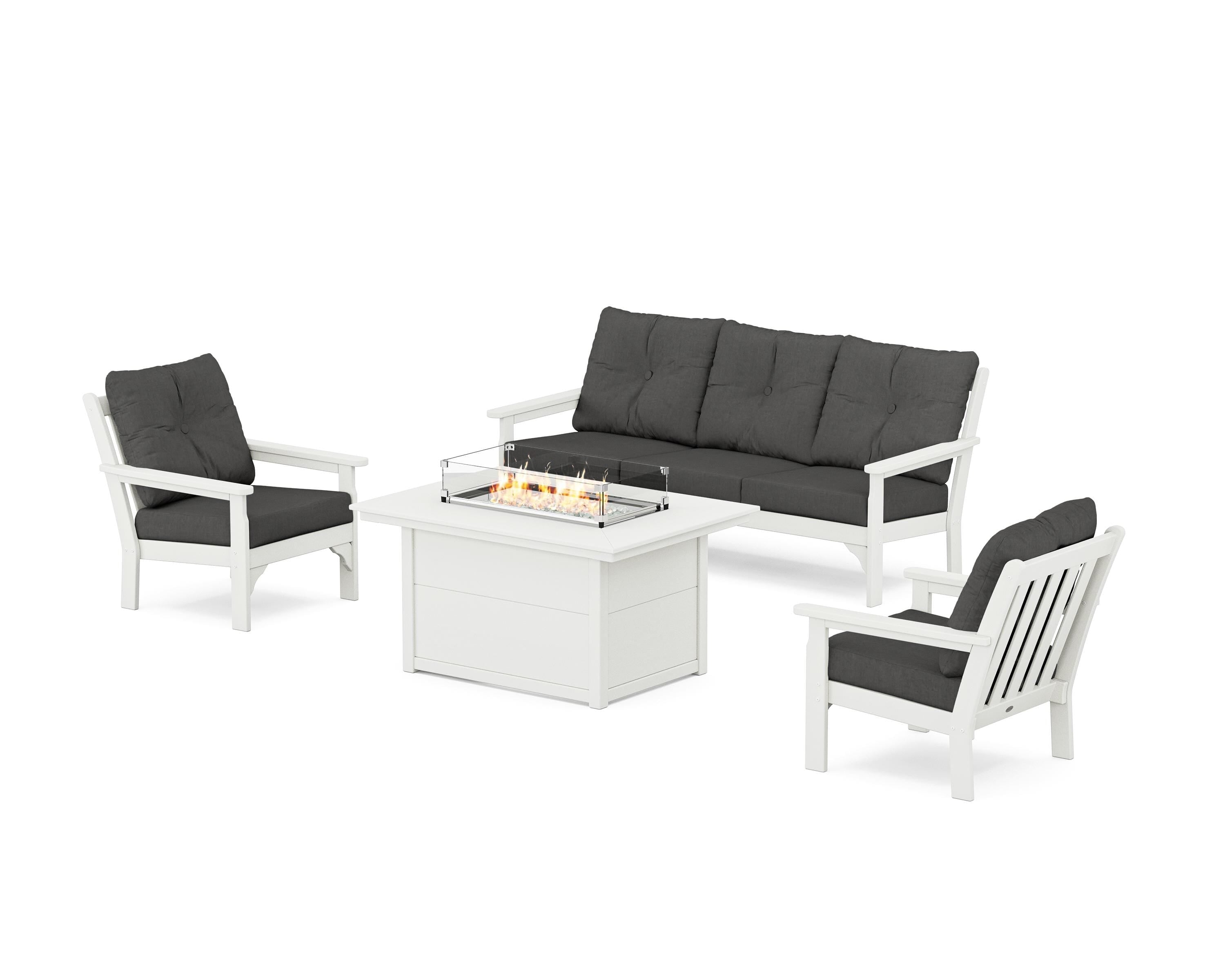 POLYWOOD® Vineyard Deep Seating Fire Pit Table Set in Vintage White / Spectrum Carbon