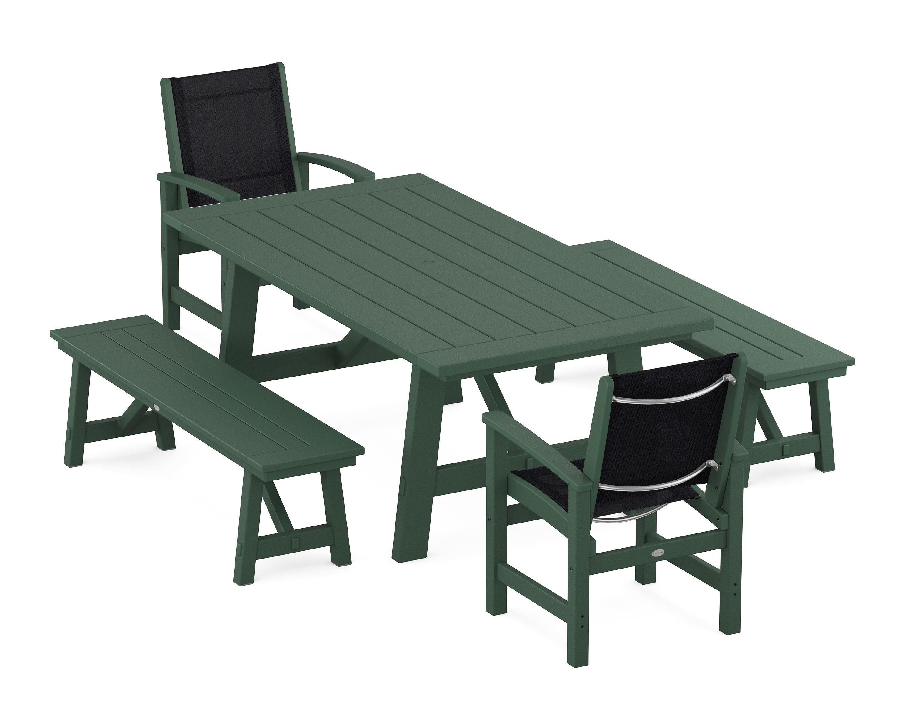 POLYWOOD® Coastal 5-Piece Rustic Farmhouse Dining Set With Benches in Green / Black Sling