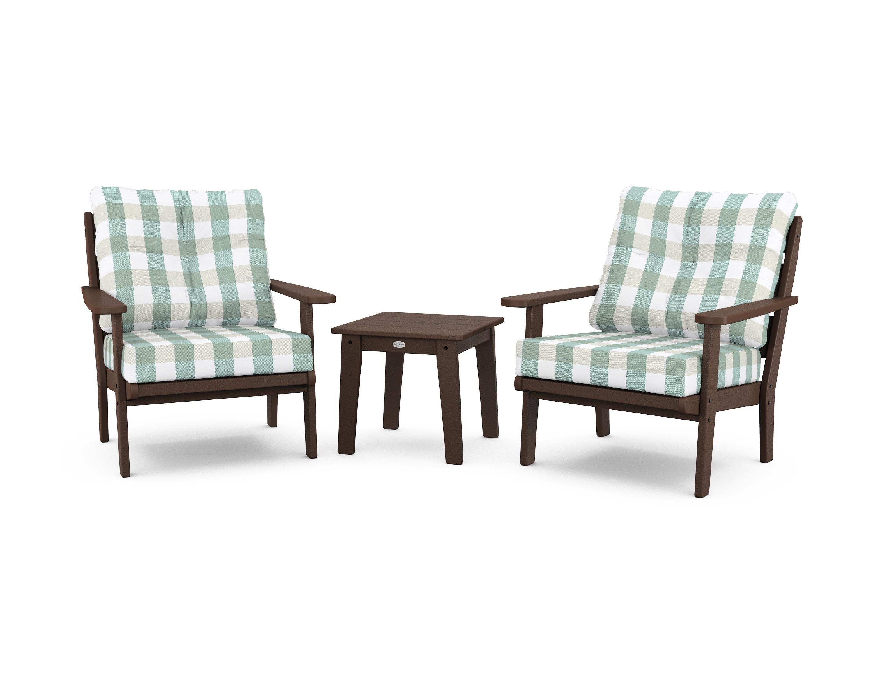 POLYWOOD® Lakeside 3-Piece Deep Seating Chair Set in Mahogany / Buffalo Plaid Glacier Spa