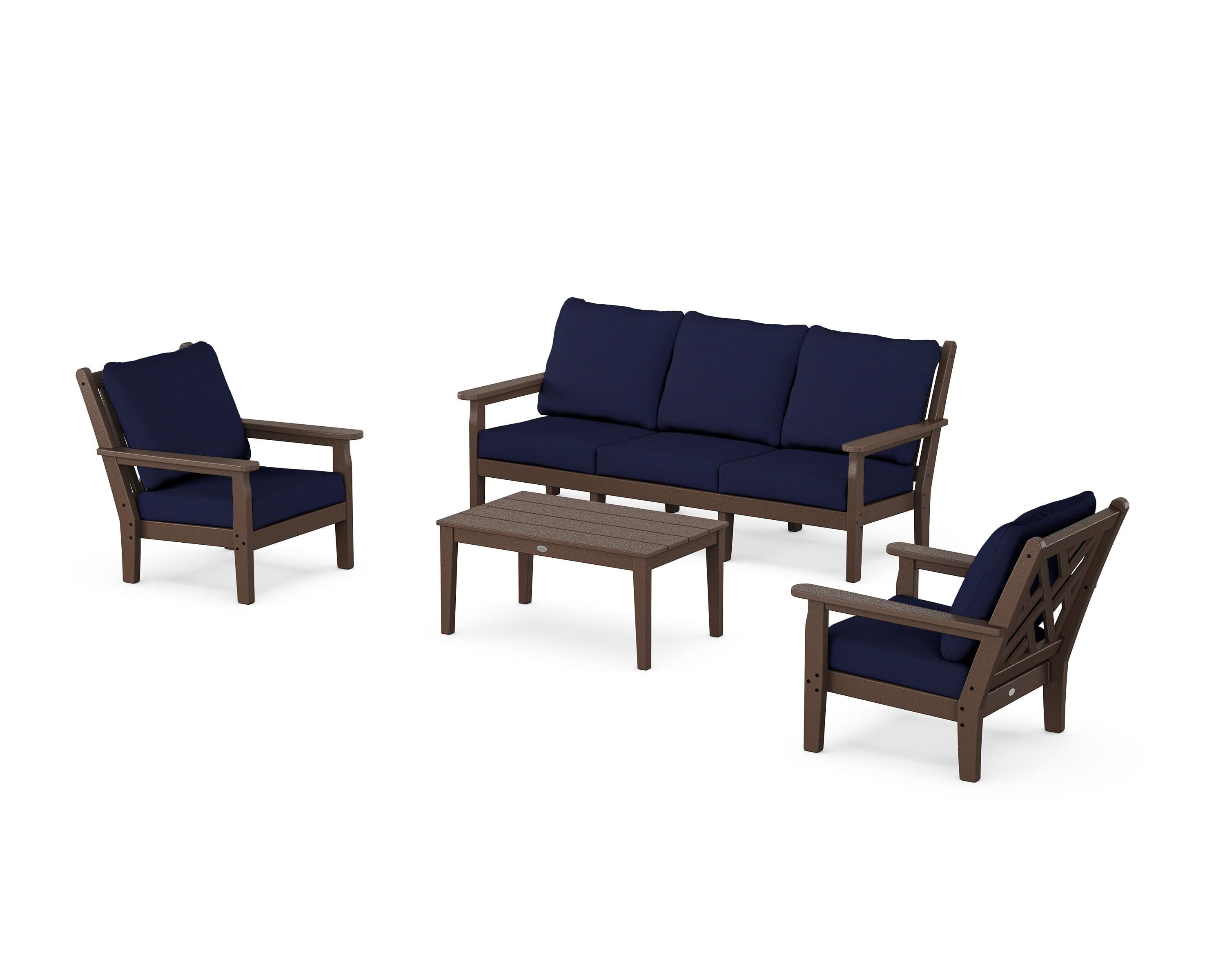 POLYWOOD® Chippendale 4-Piece Deep Seating Set with Sofa in Mahogany / Navy