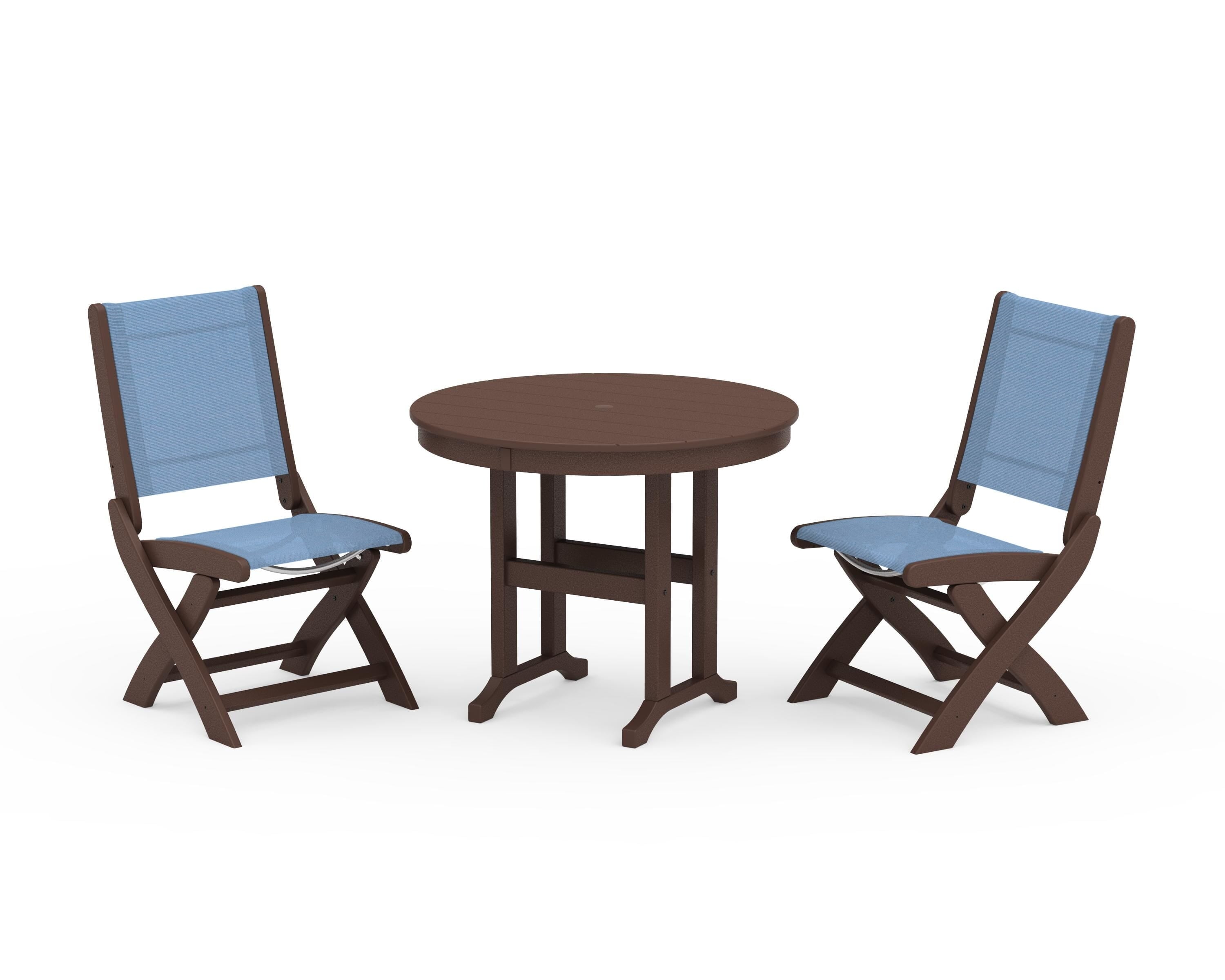 POLYWOOD® Coastal Folding Side Chair 3-Piece Round Dining Set in Mahogany / Poolside Sling