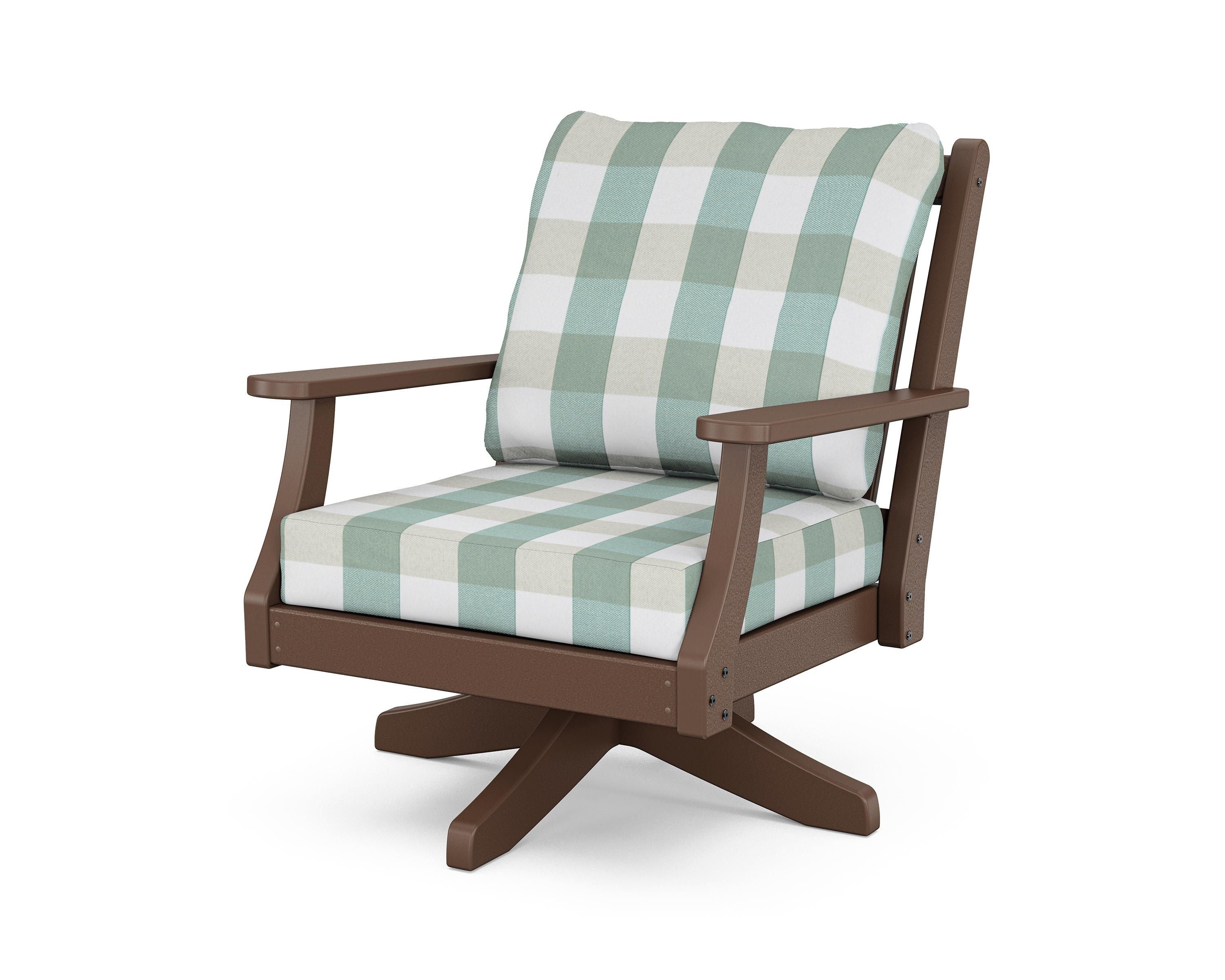 Country Living Wovendale Deep Seating Swivel Chair in Mahogany / Buffalo Plaid Glacier Spa