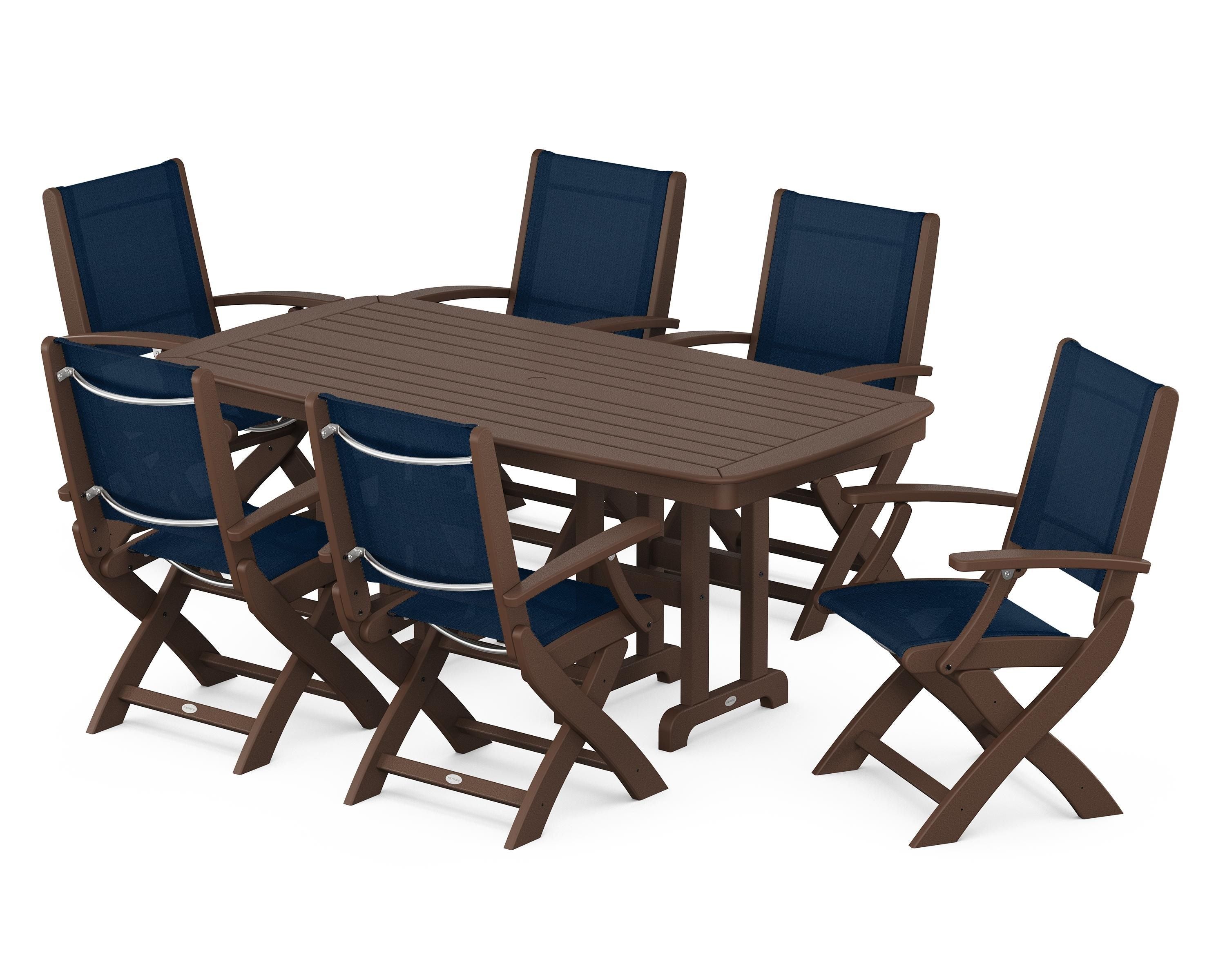 POLYWOOD® Coastal Folding Arm Chair 7-Piece Dining Set in Mahogany / Navy Blue Sling