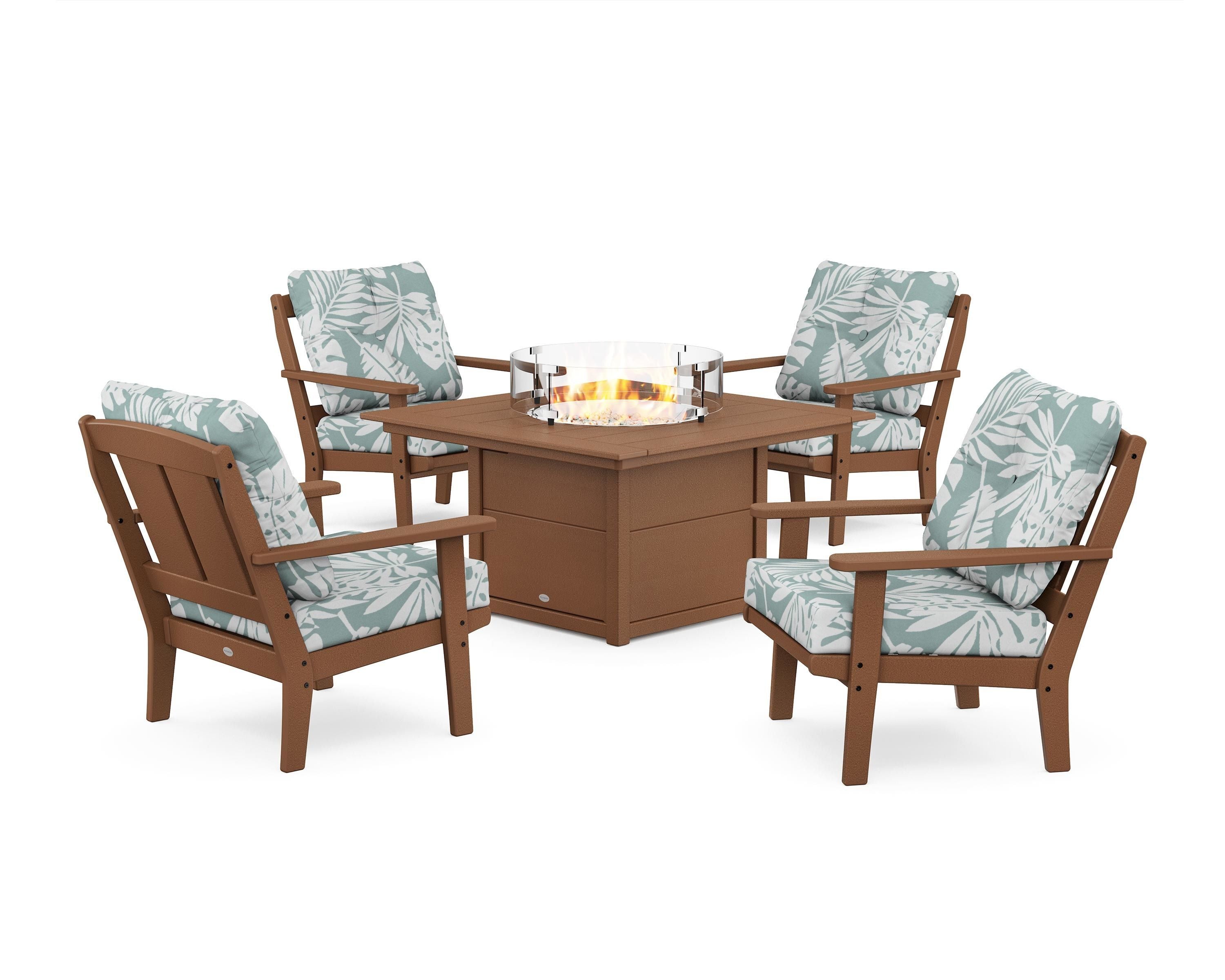 POLYWOOD® Mission 5-Piece Deep Seating Set with Fire Pit Table in Teak / Leaf Glacier Spa